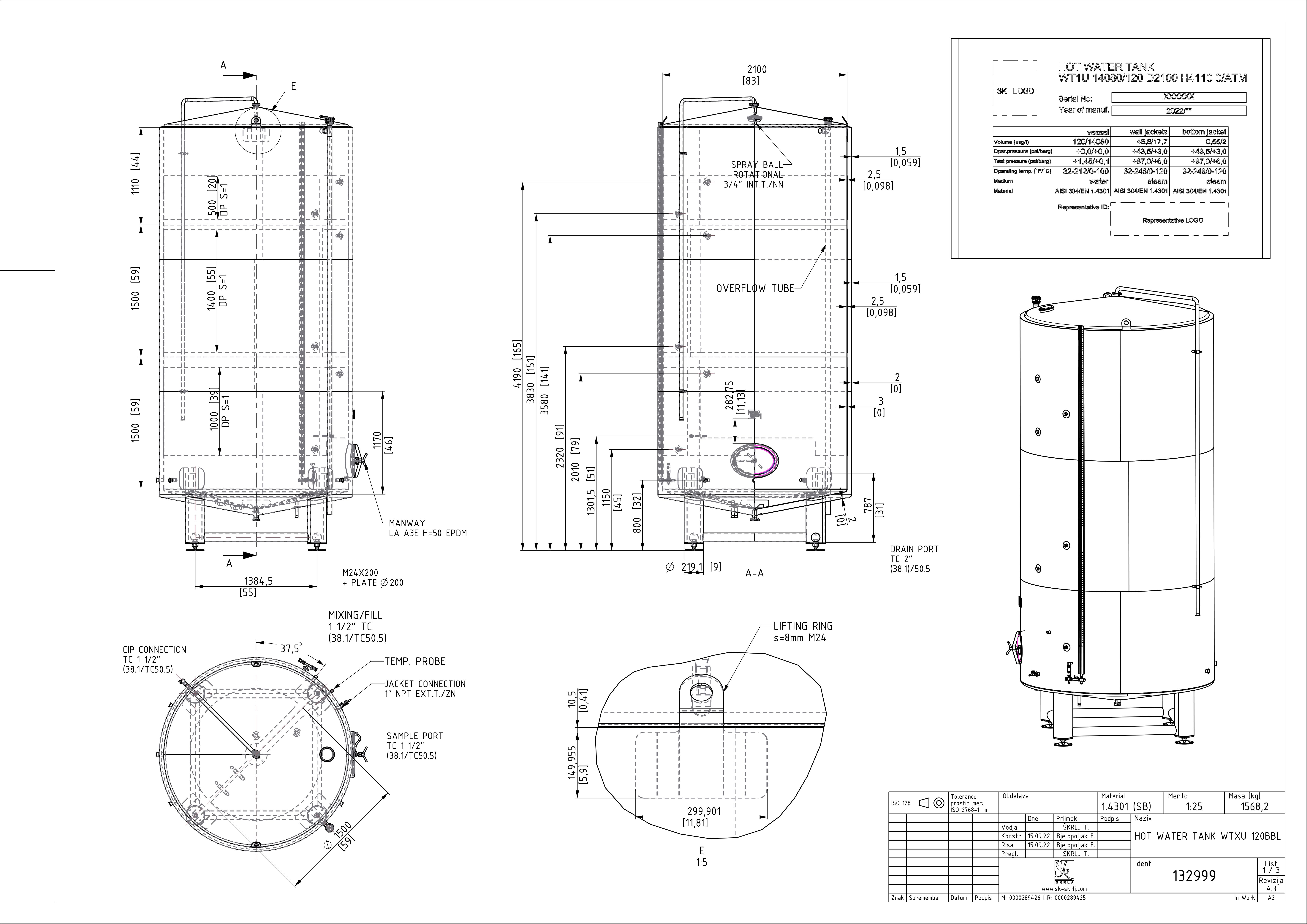Hot water tank with double jacket