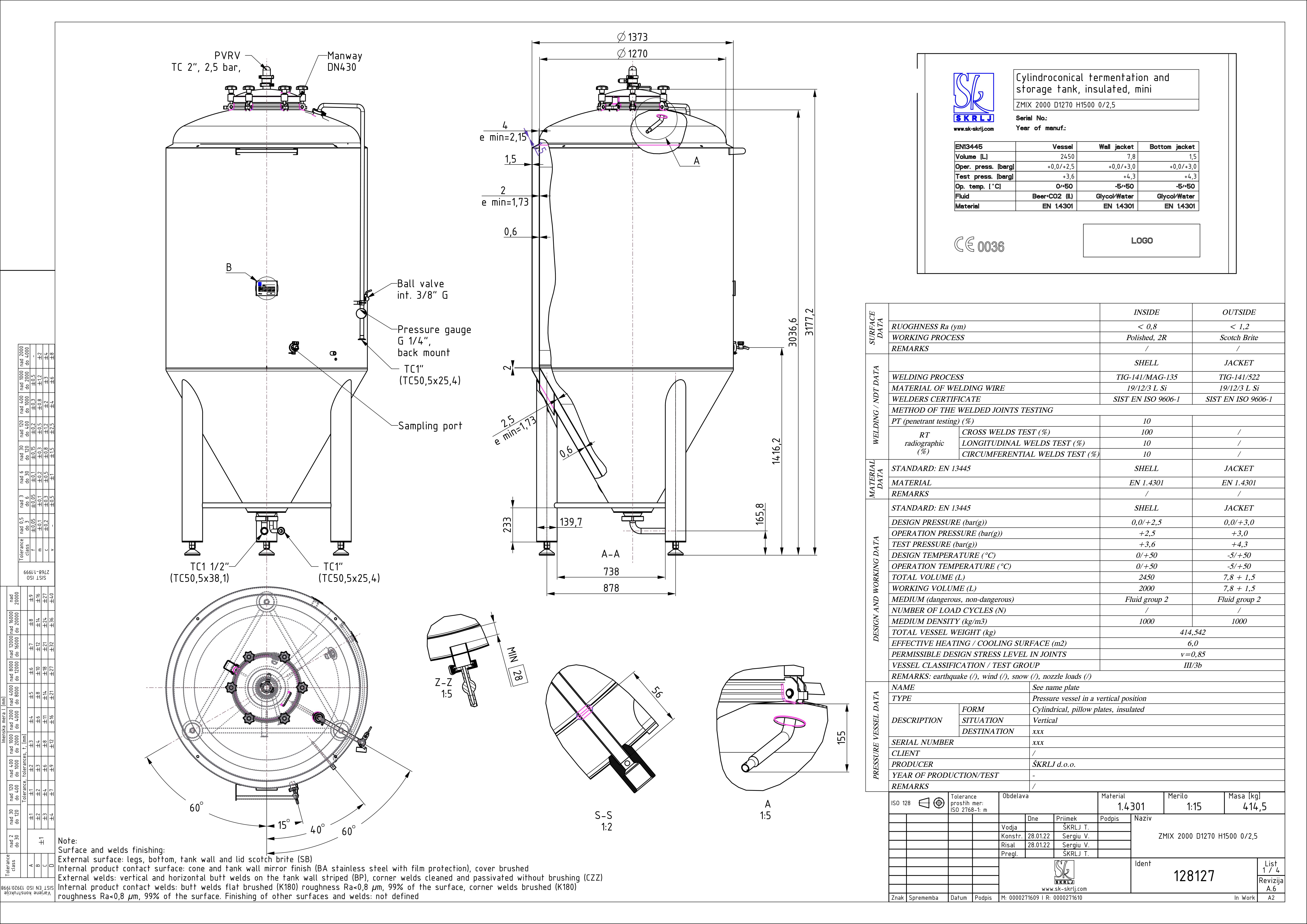 Cylindroconical fermentation and storage tank, insulated, mini