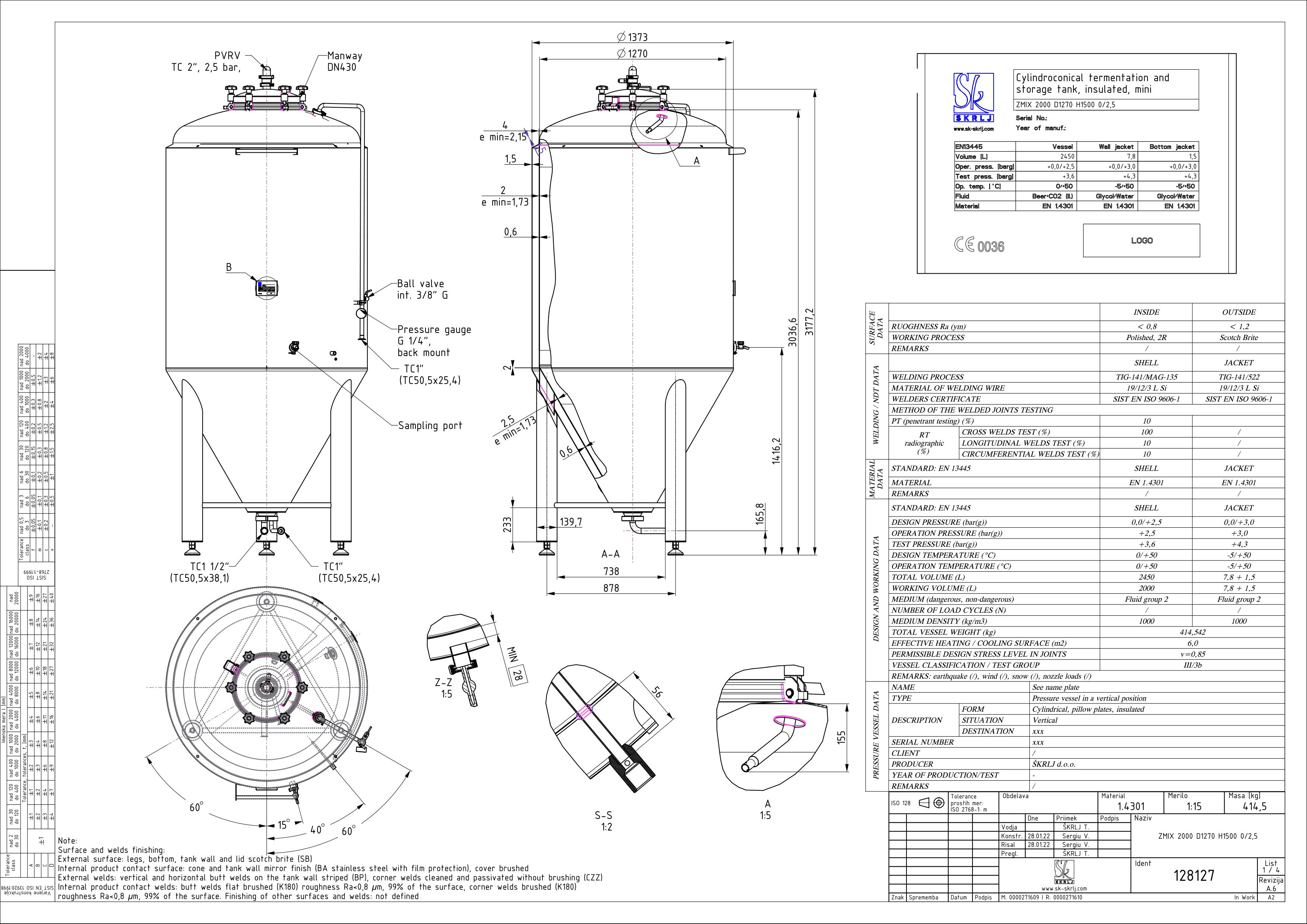 Cylindroconical fermentation and storage tank, insulated, mini