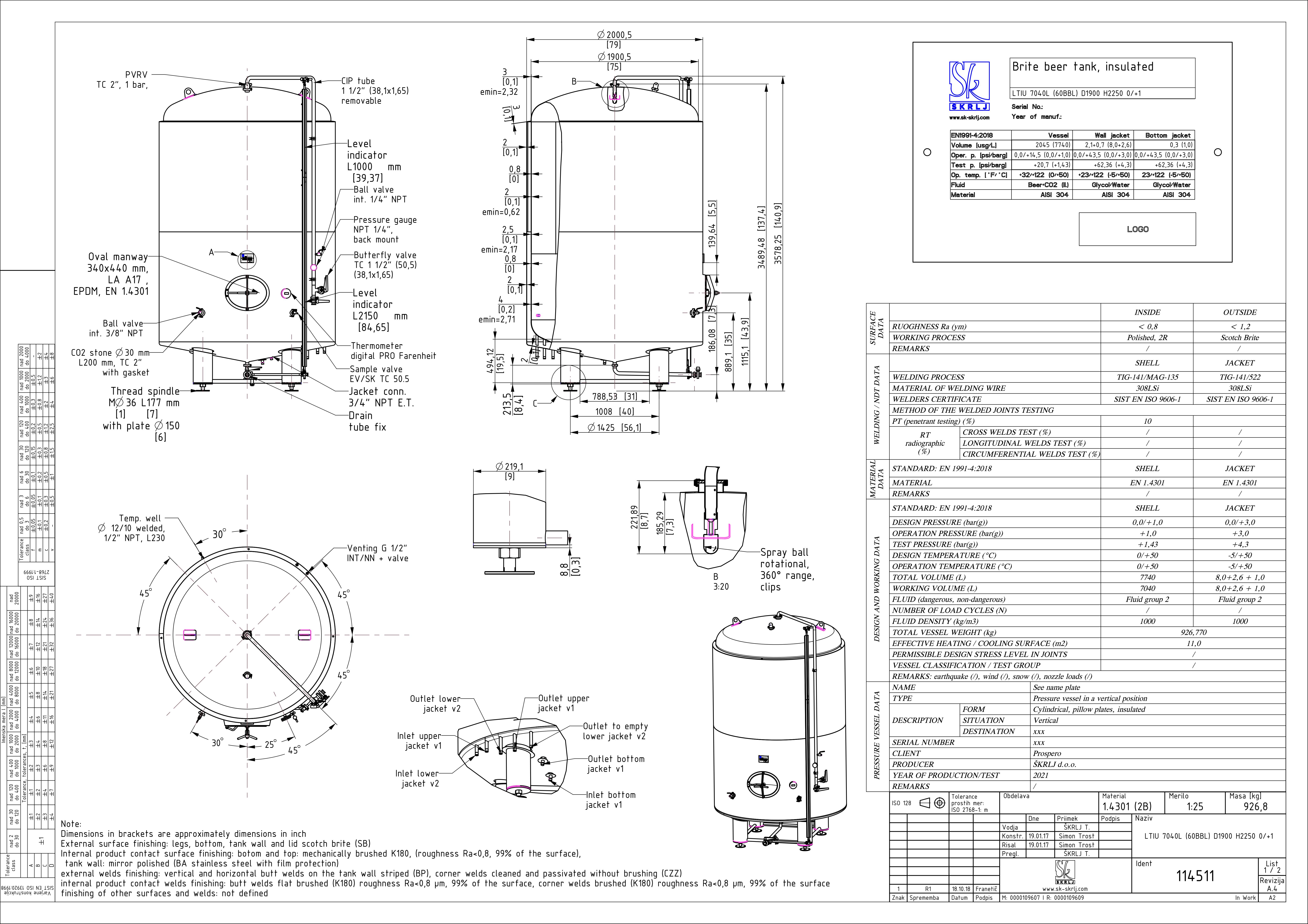Brite beer tank, insulated