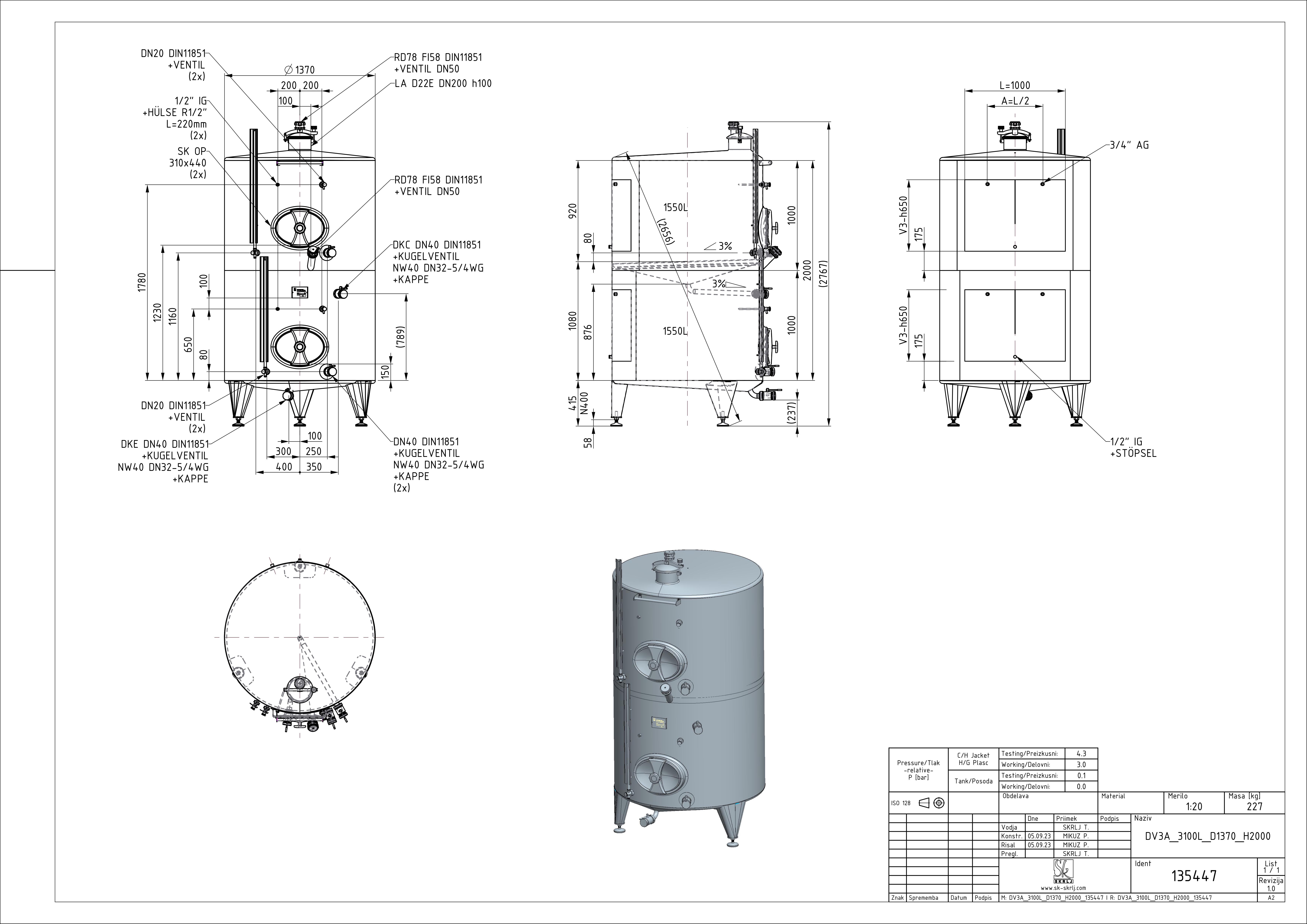 Storage tank with intermediate bottom and double jacket