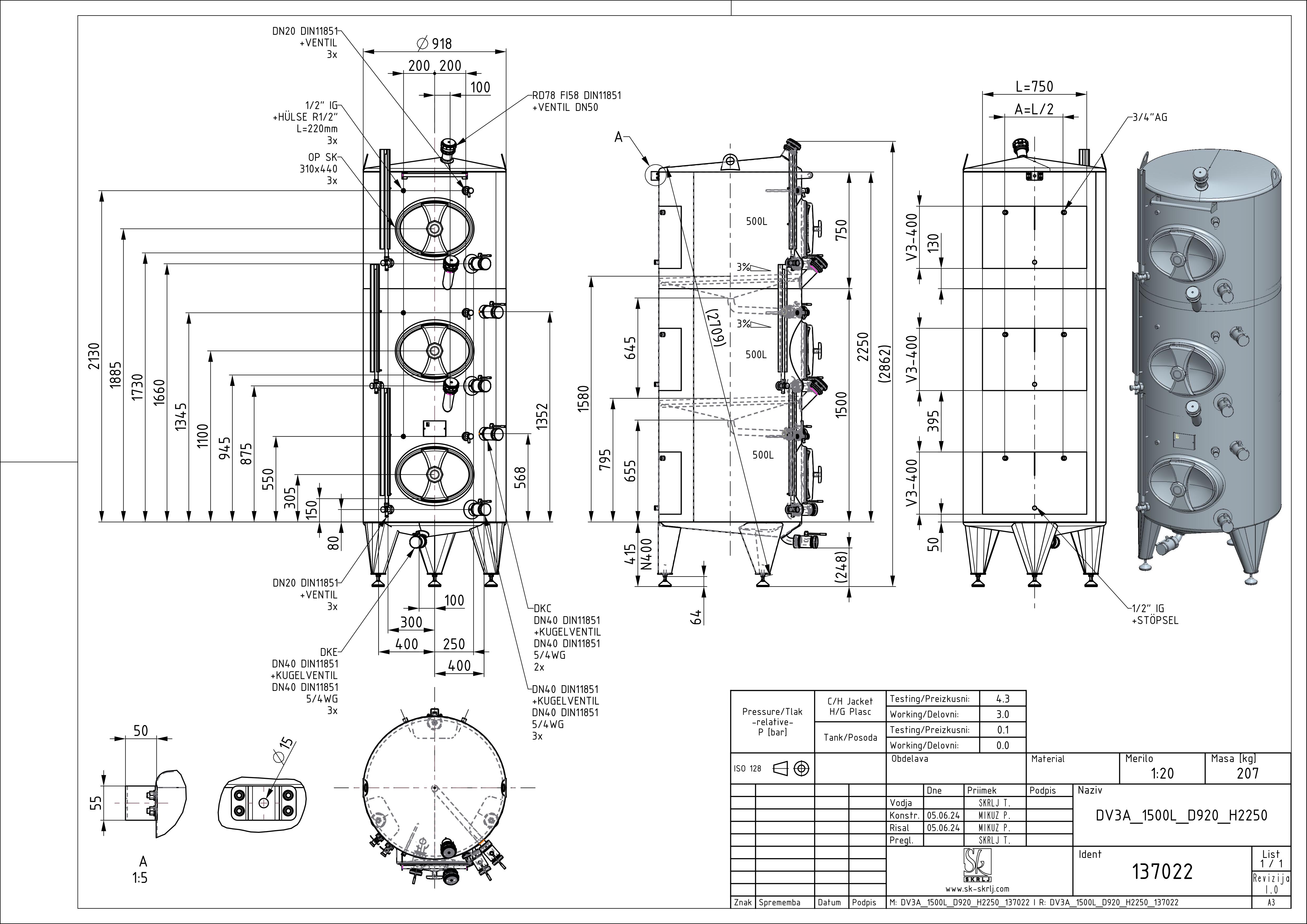 Storage tank with intermediate bottom and double jacket