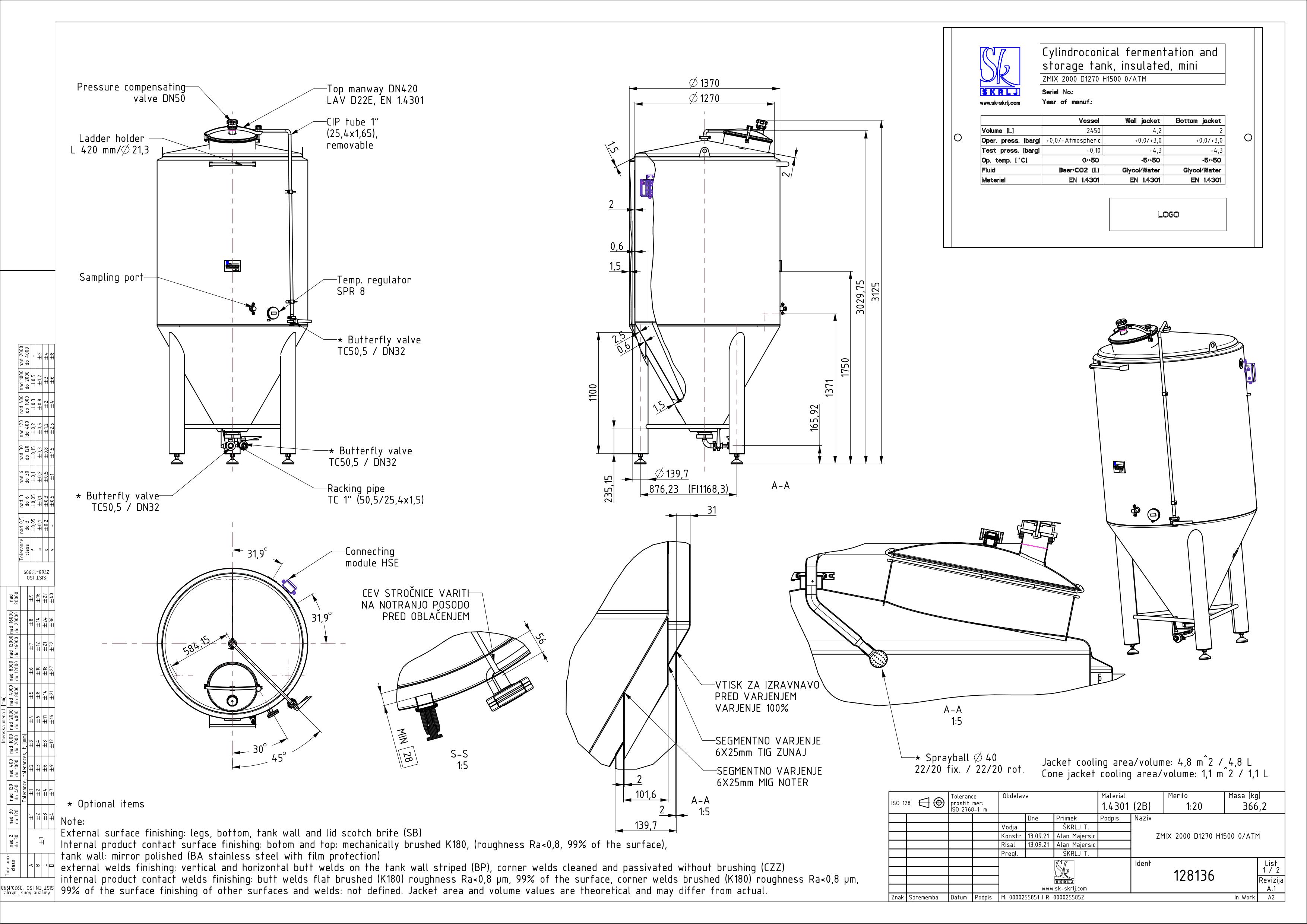 Cylindroconical fermentation and storage tank, insulated, mini