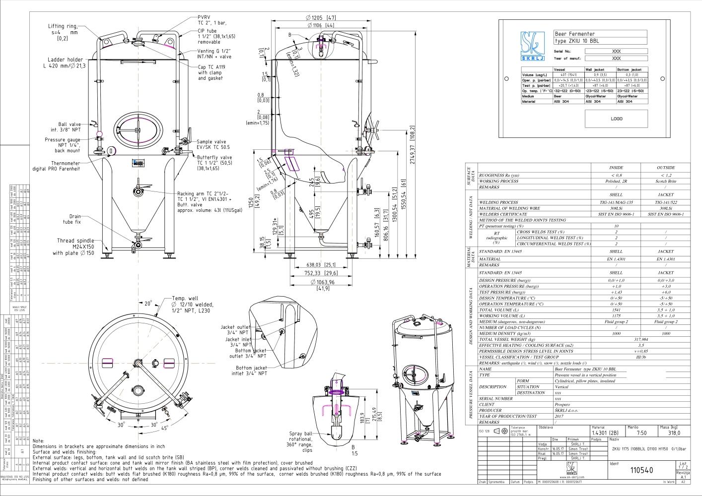 Cylindroconical fermentation and storage tank, insulated