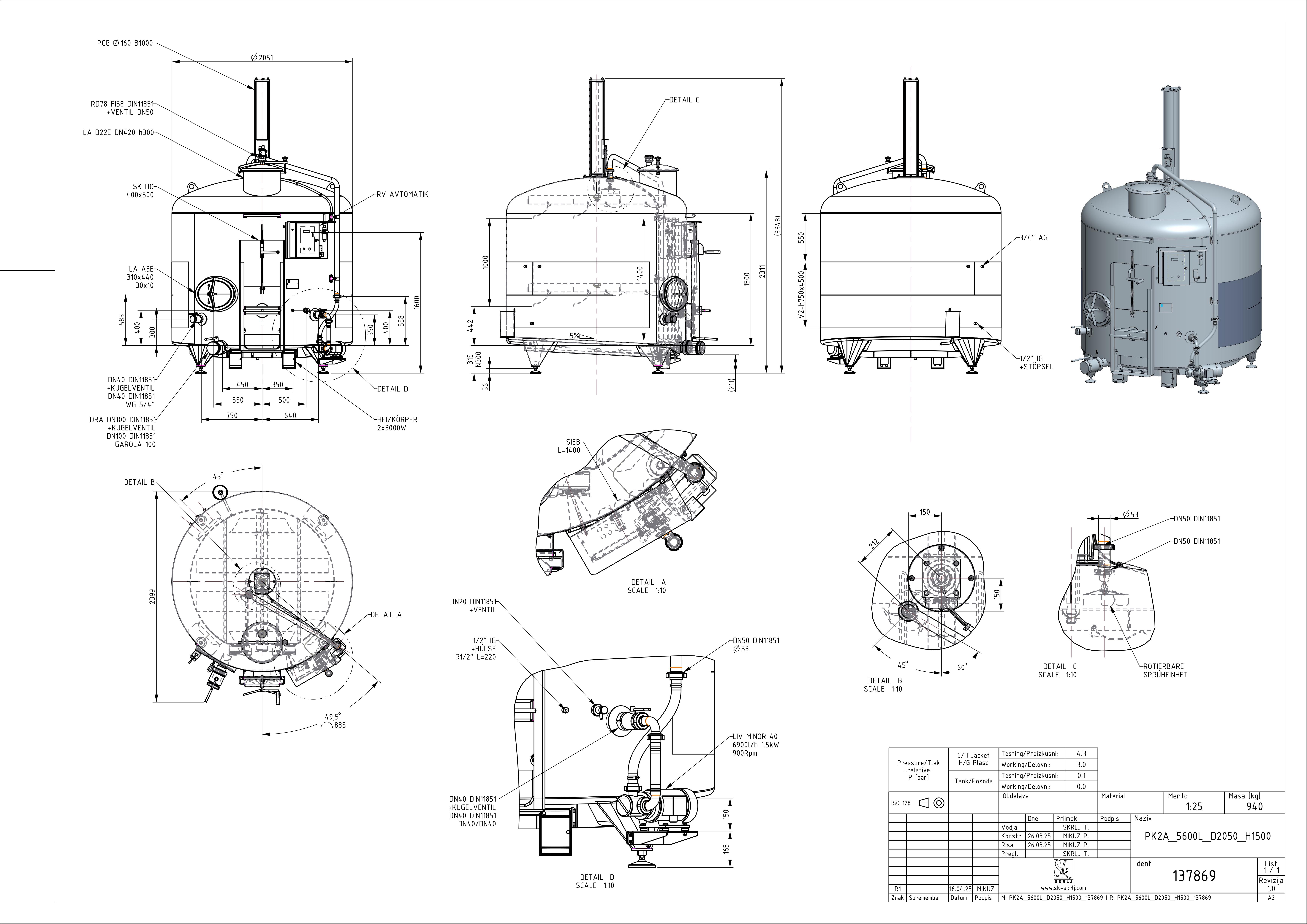 Punch-down fermenter with double jacket