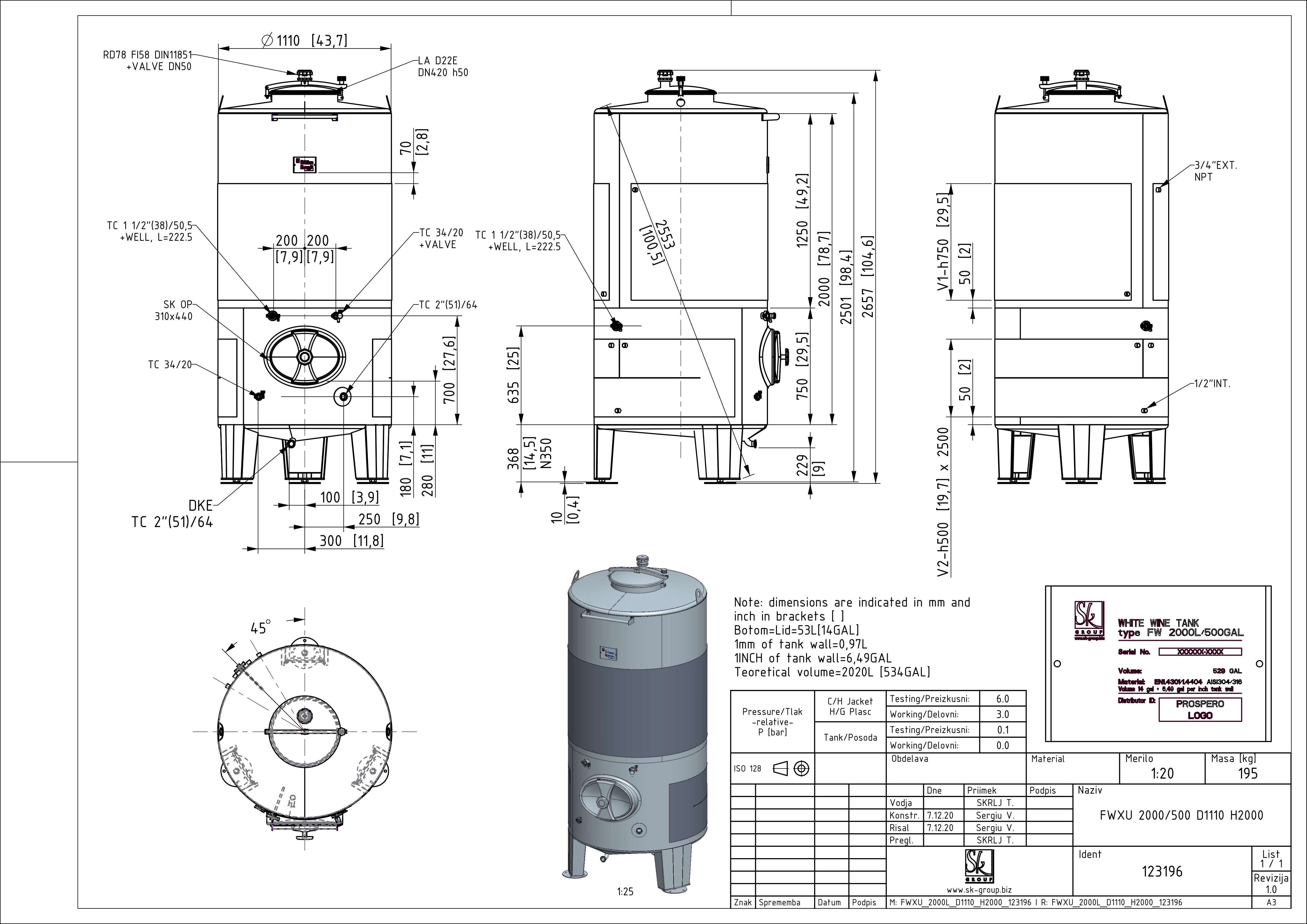 Fixed capacity white wine tank