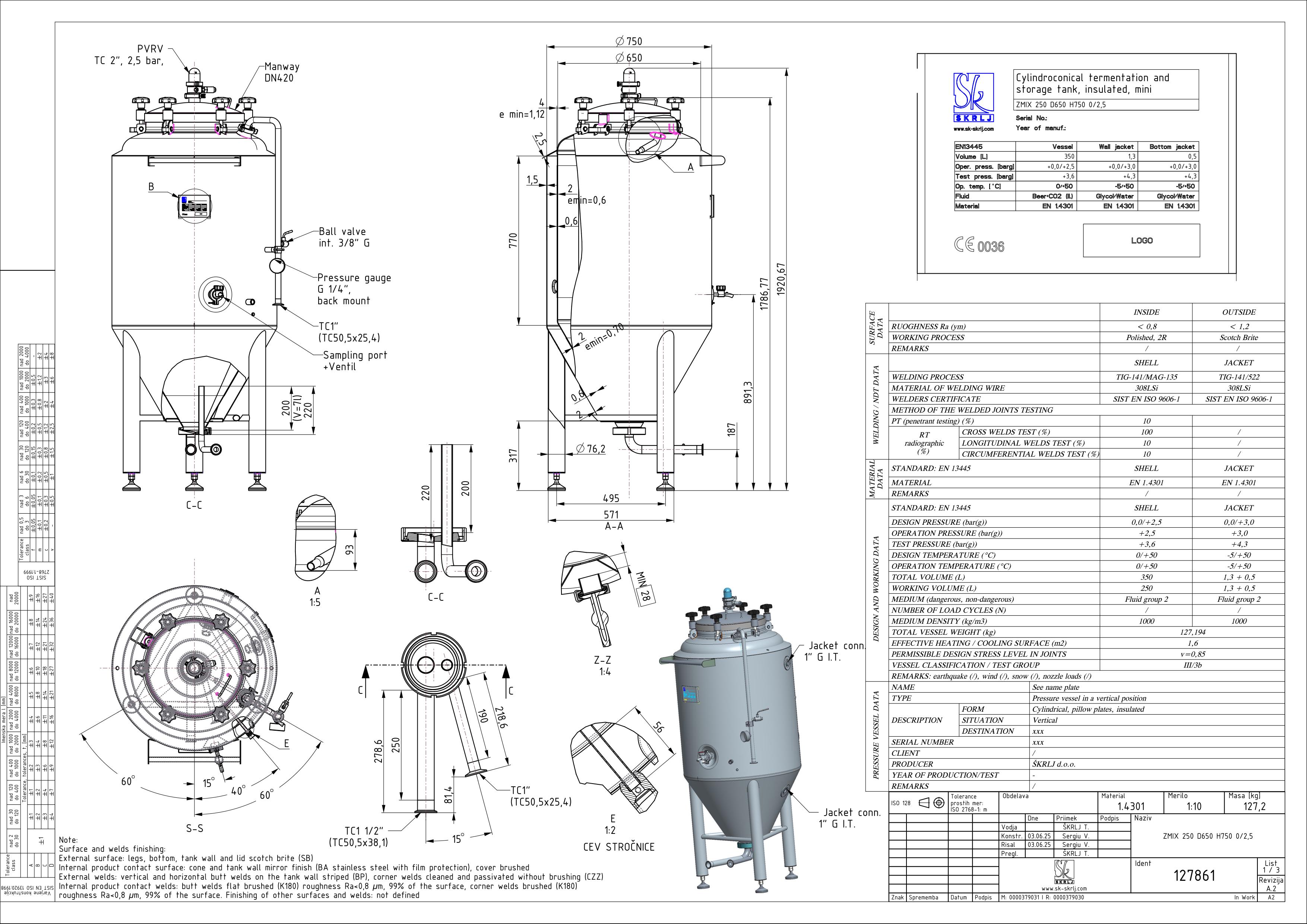 Cylindroconical fermentation and storage tank, insulated, mini
