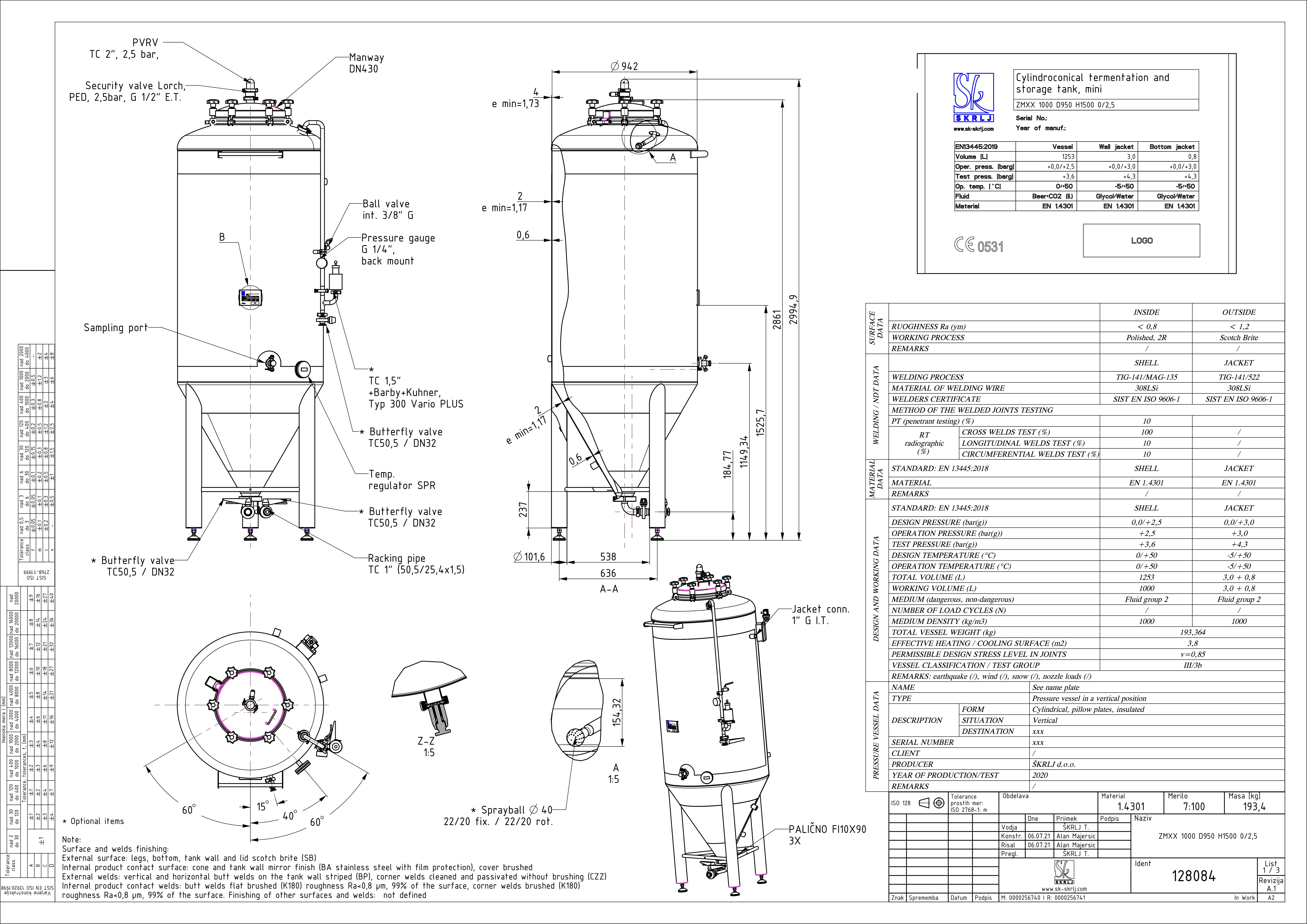Cylindroconical fermentation and storage tank, mini