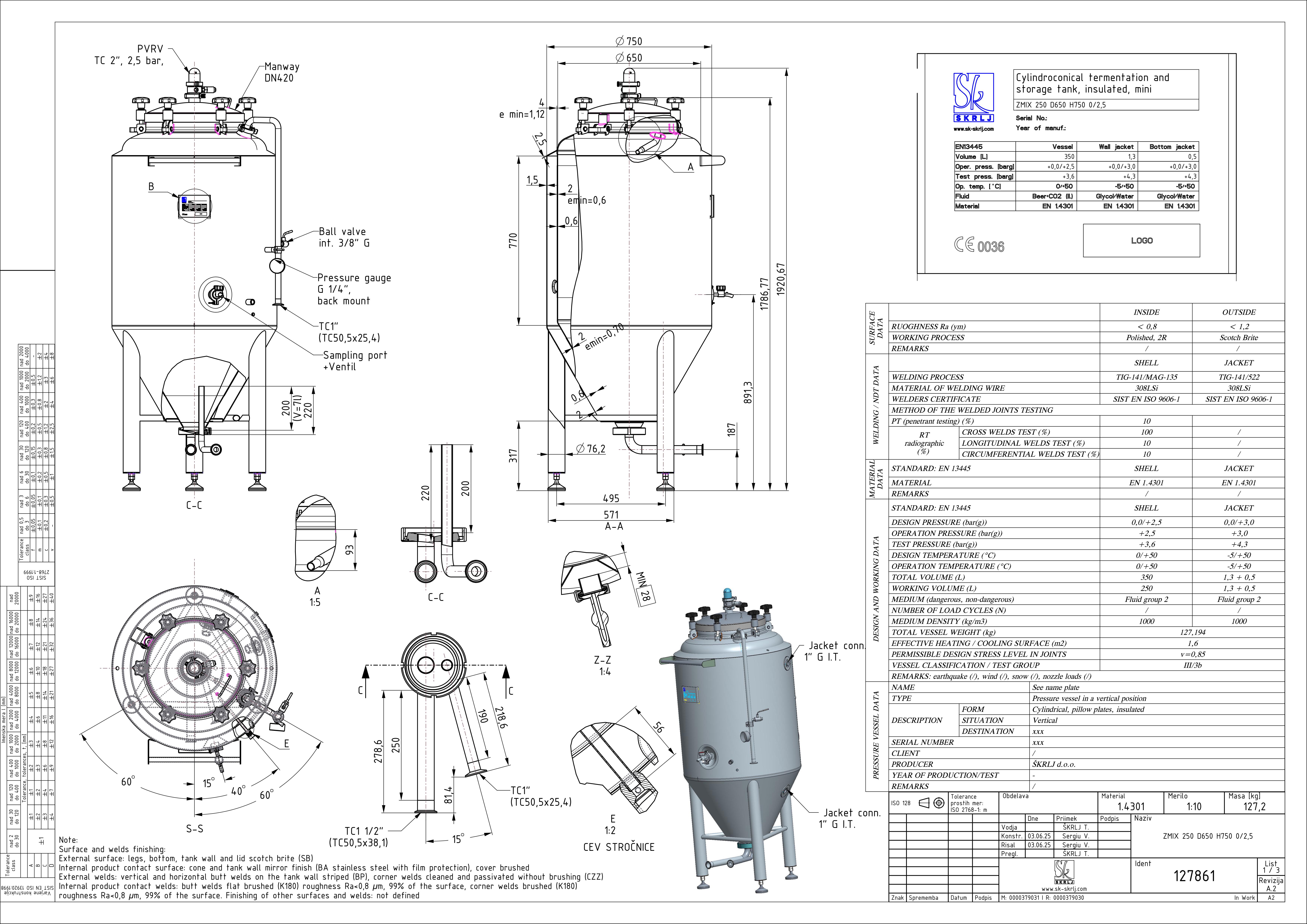 Cylindroconical fermentation and storage tank, insulated, mini
