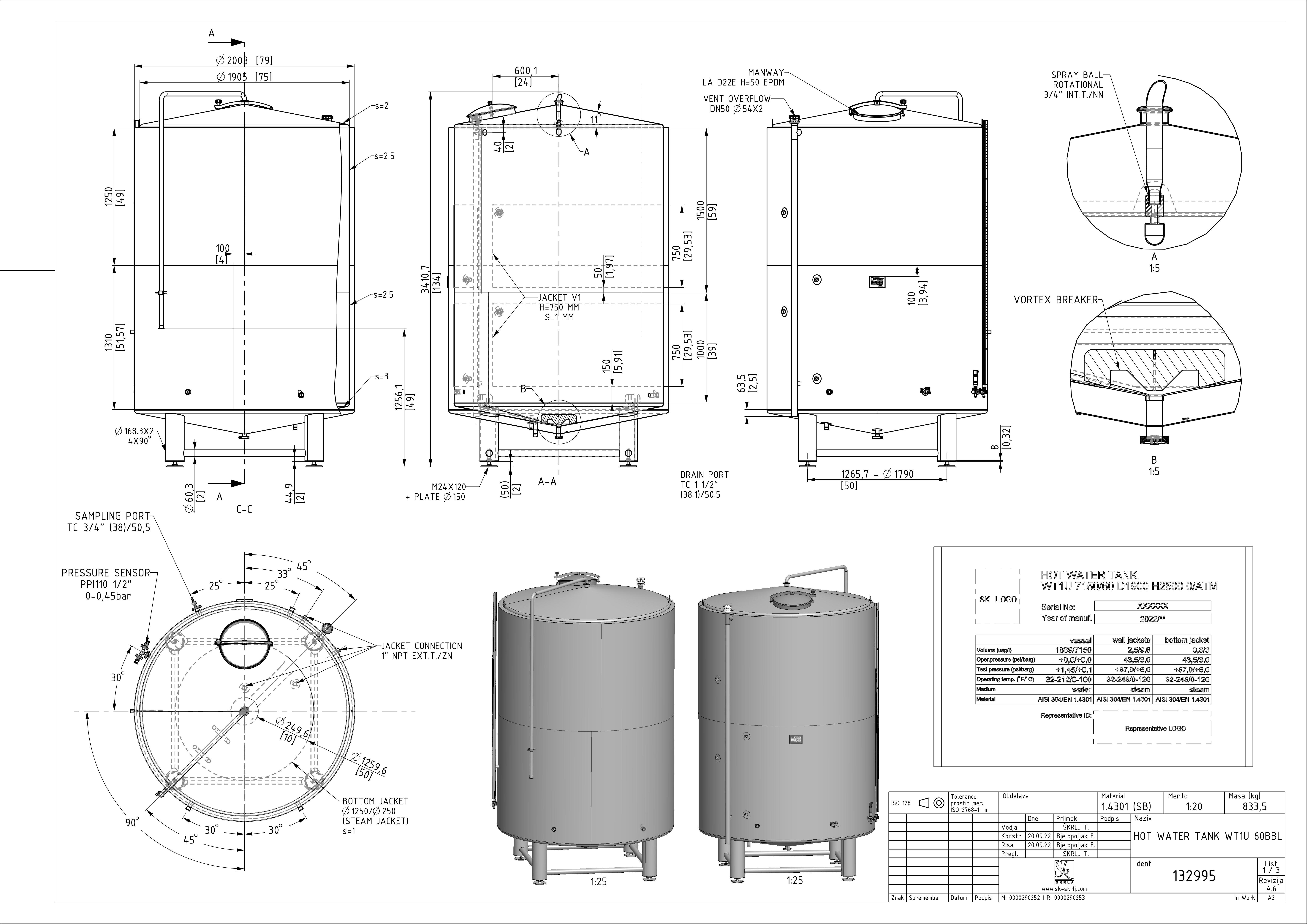 Hot water tank with double jacket
