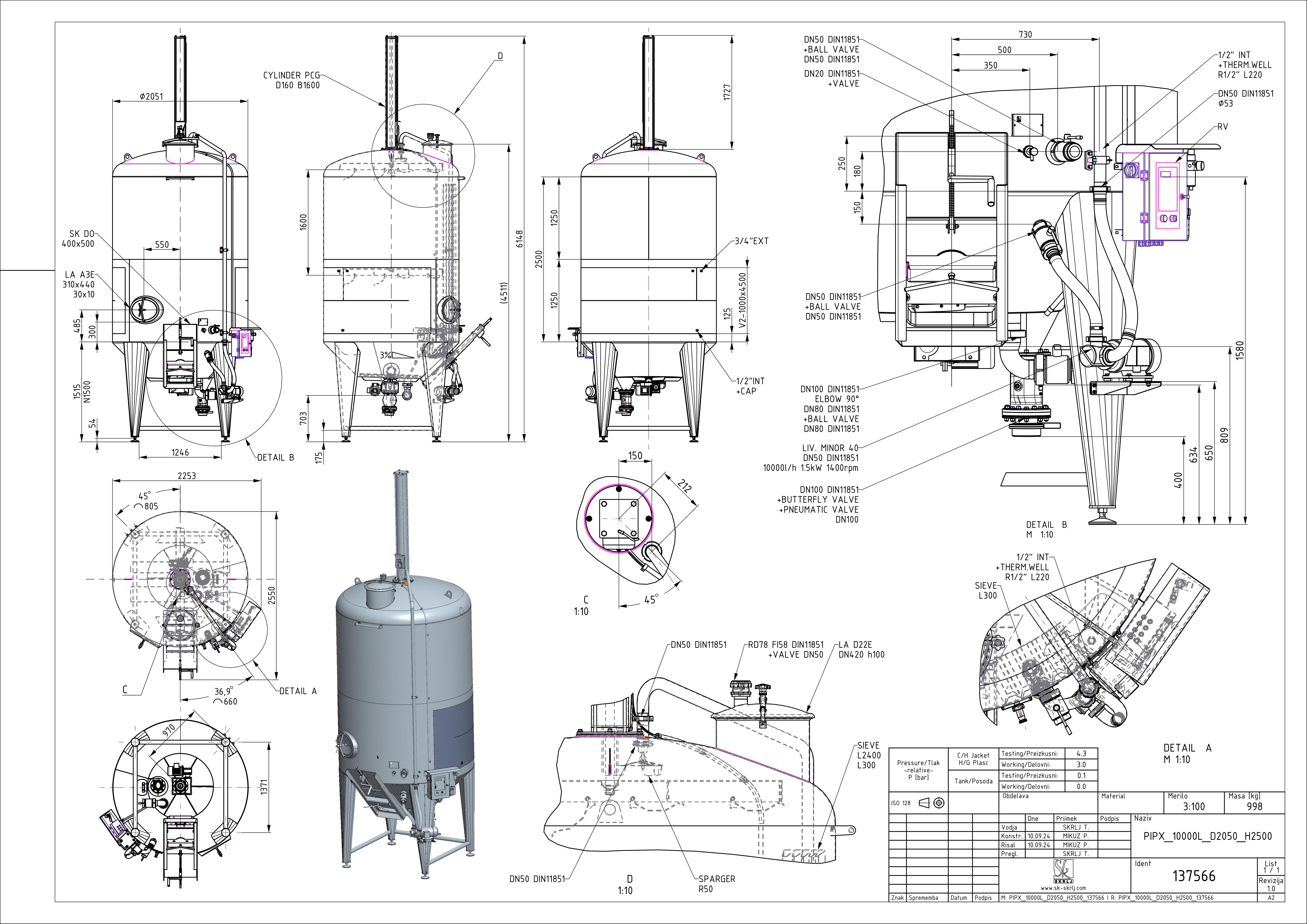 Punch-down fermenter with pip removal system