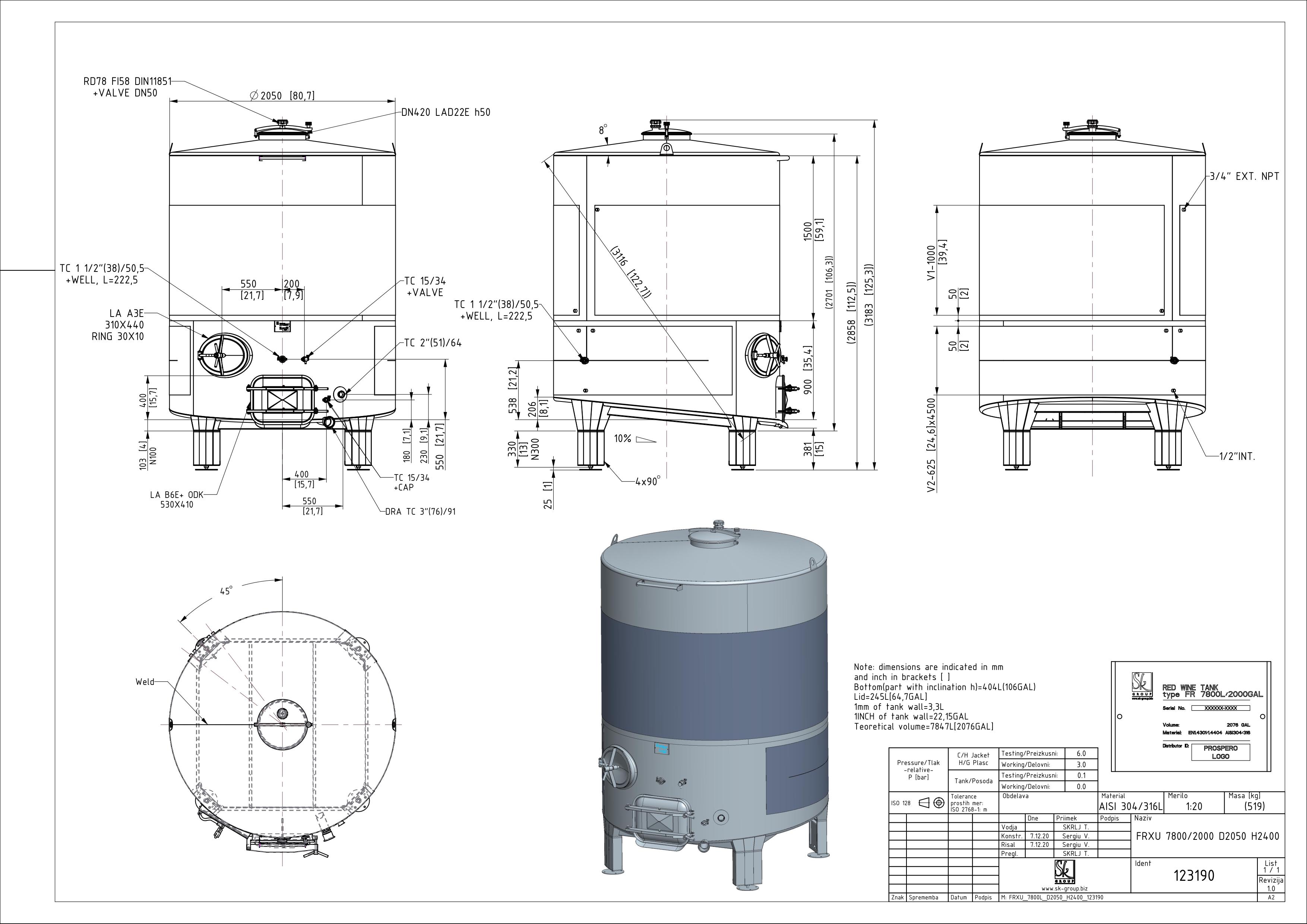 Fixed capacity red wine tank