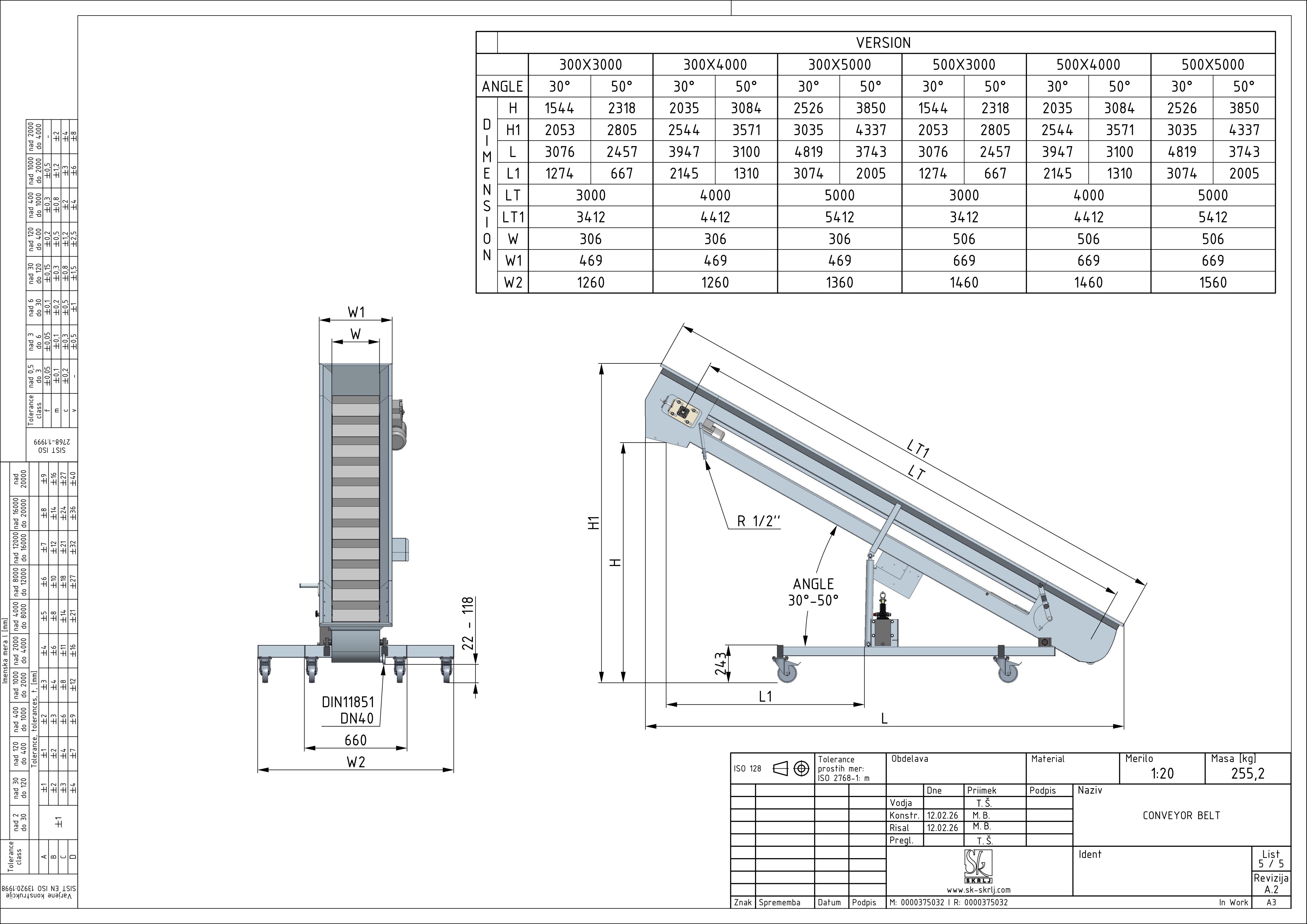 Nastro elevatore. Telaio autoportante in acciaio inox EN 1.4301 su ruote girevoli. Inclinazione regolabile del nastro. Nastro in PVC alimentare con listelli curvi. Sistema di tensionamento e rilascio (sblocco) rapido. Ugelli integrati per il risciacquo del nastro. Vaschetta recupero liquidi con scarico.