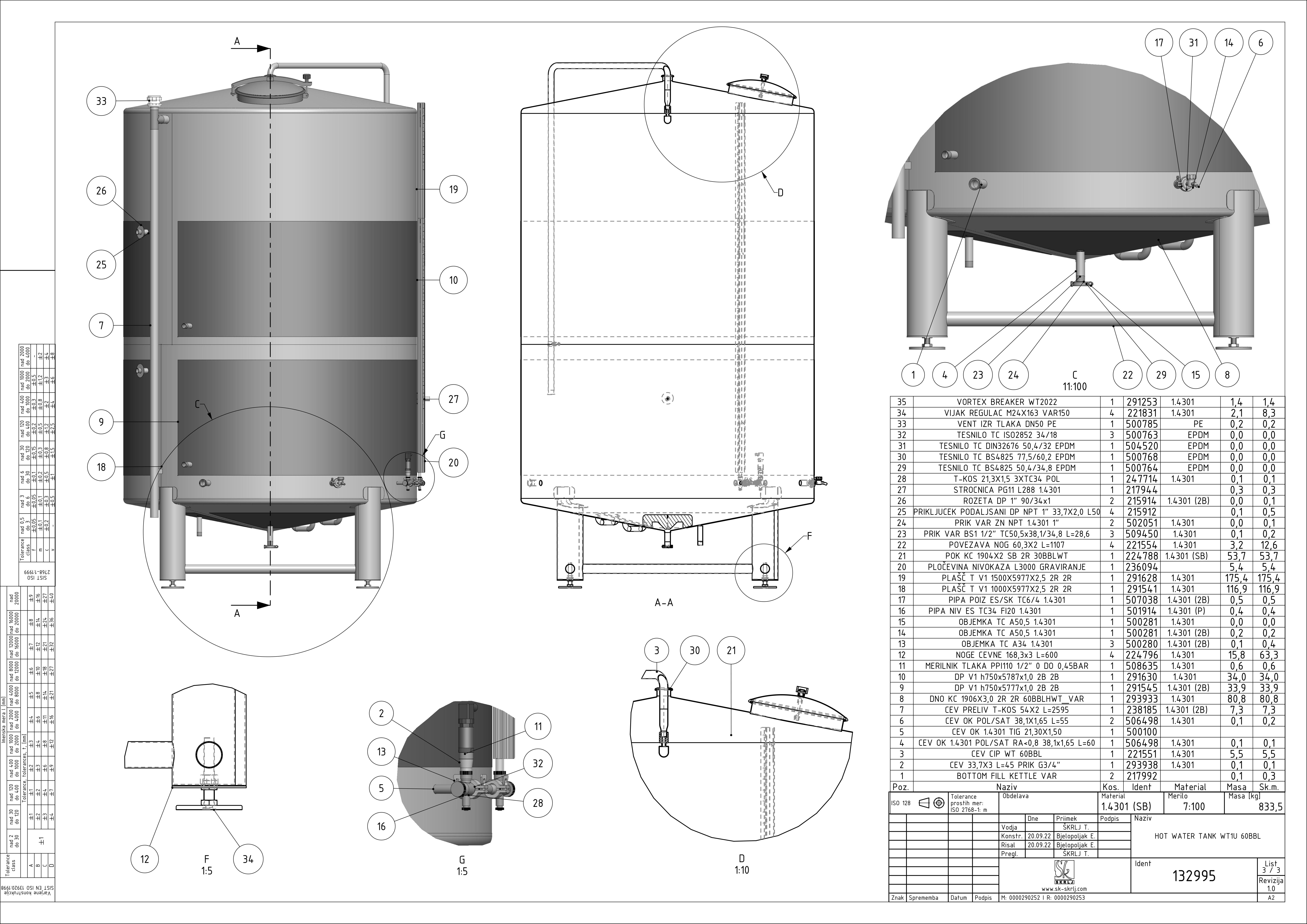 Hot water tank with double jacket