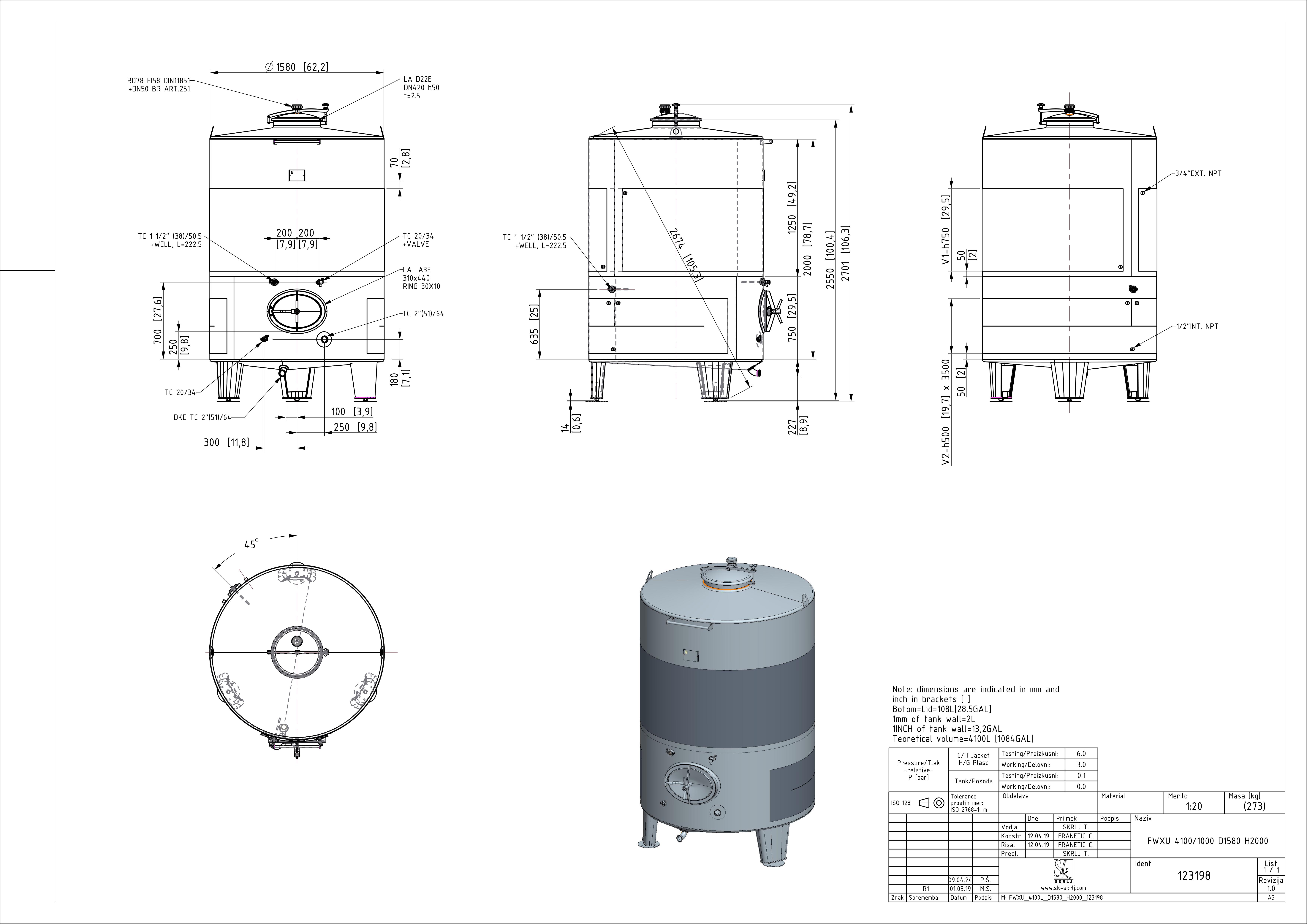 Fixed capacity white wine tank