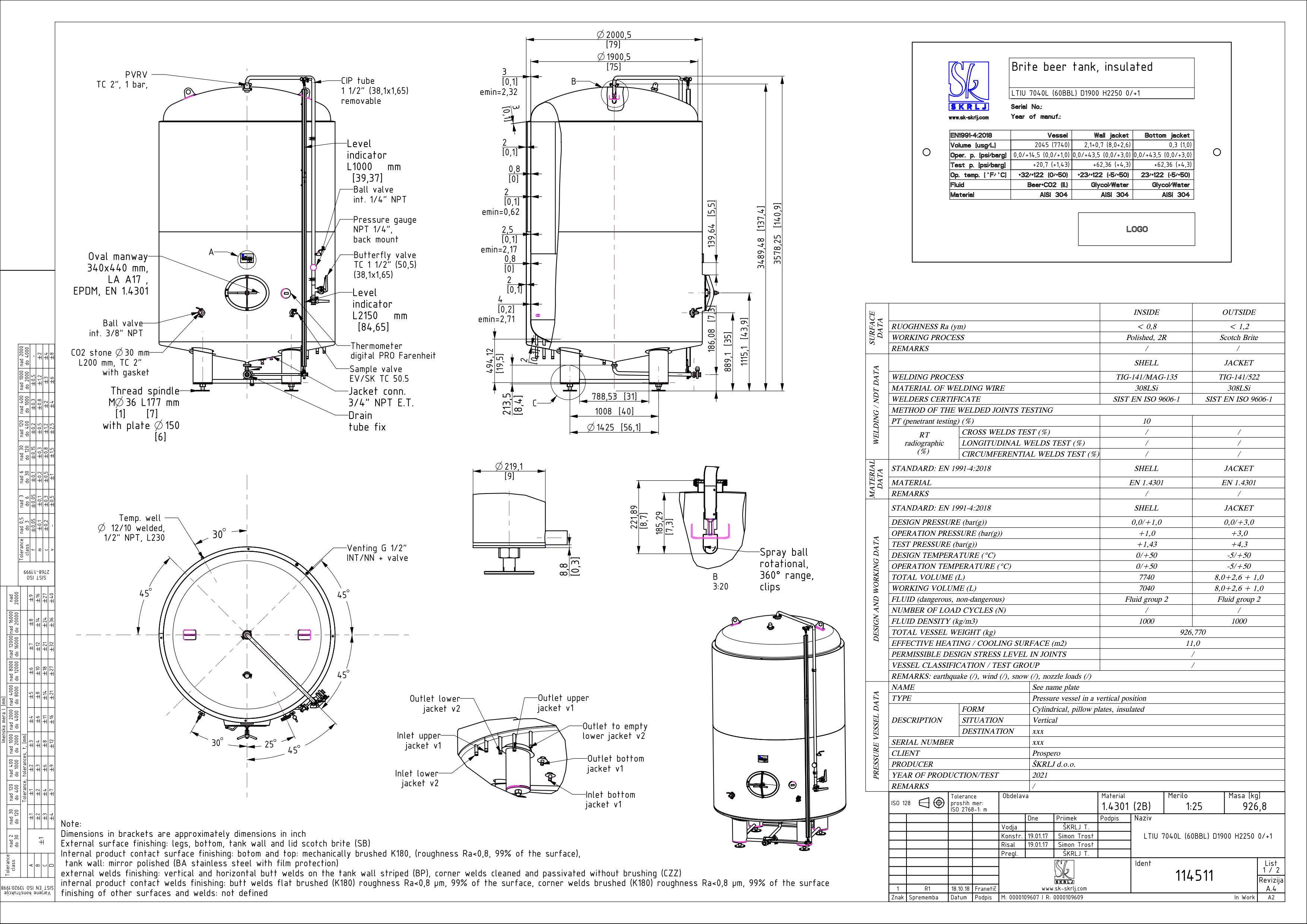 Brite beer tank, insulated