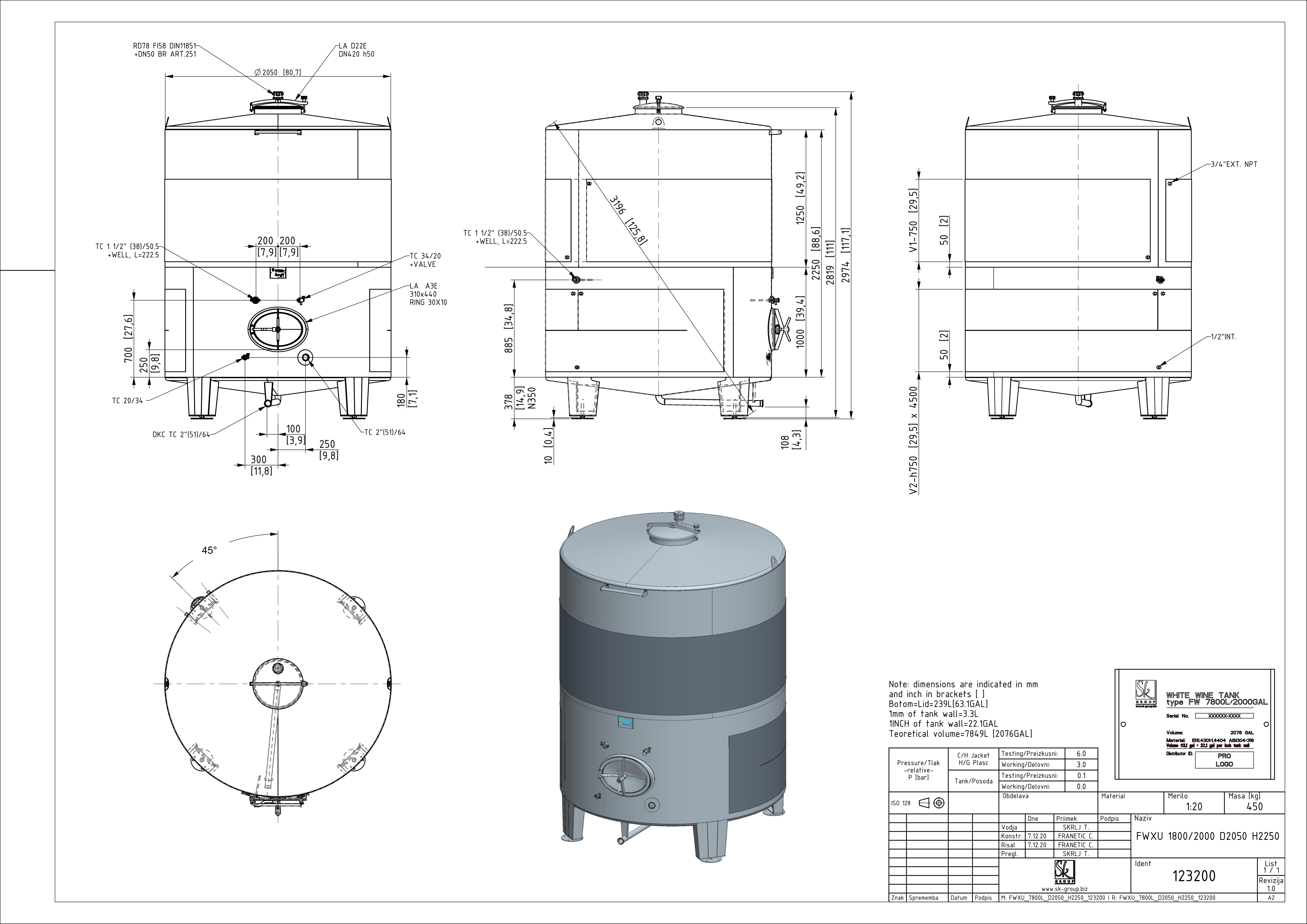 Fixed capacity white wine tank