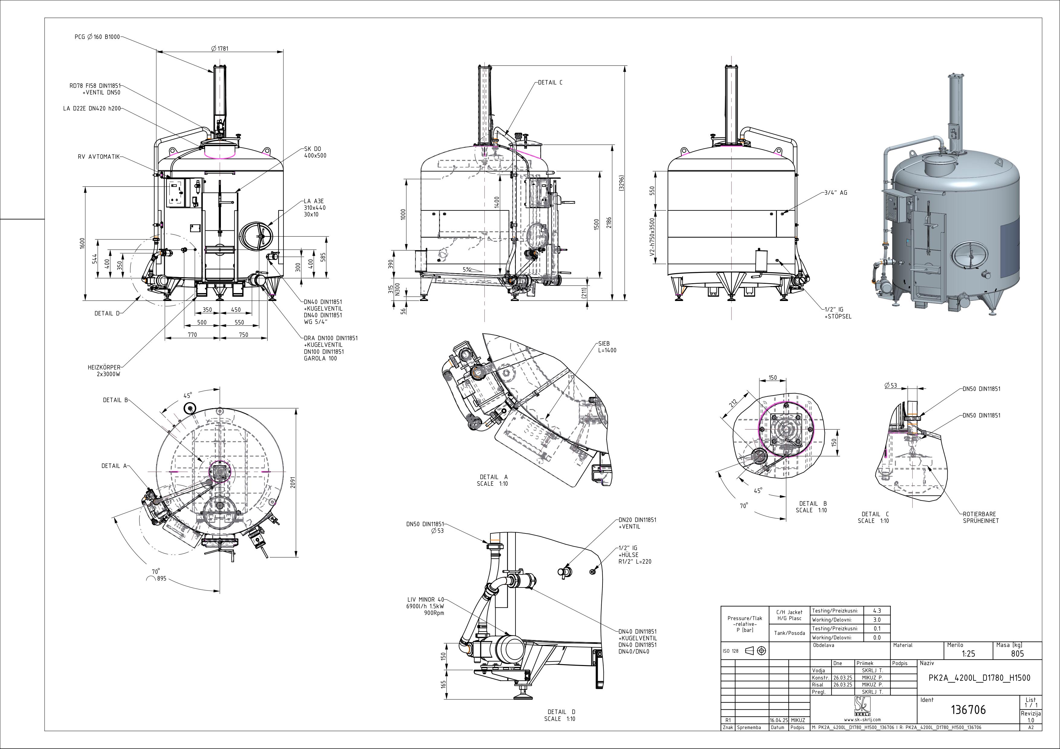 Punch-down fermenter with double jacket