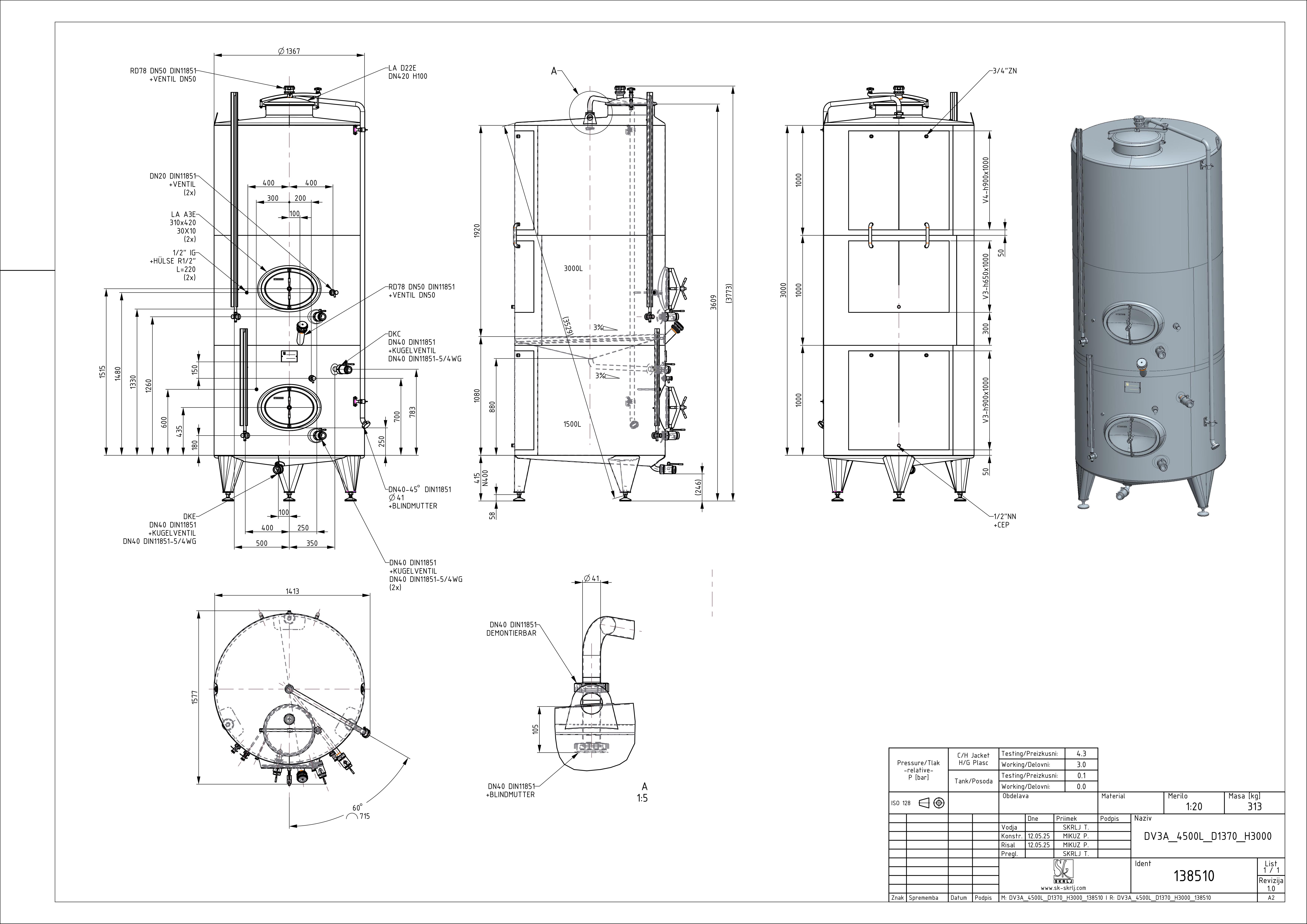 Storage tank with intermediate bottom and double jacket