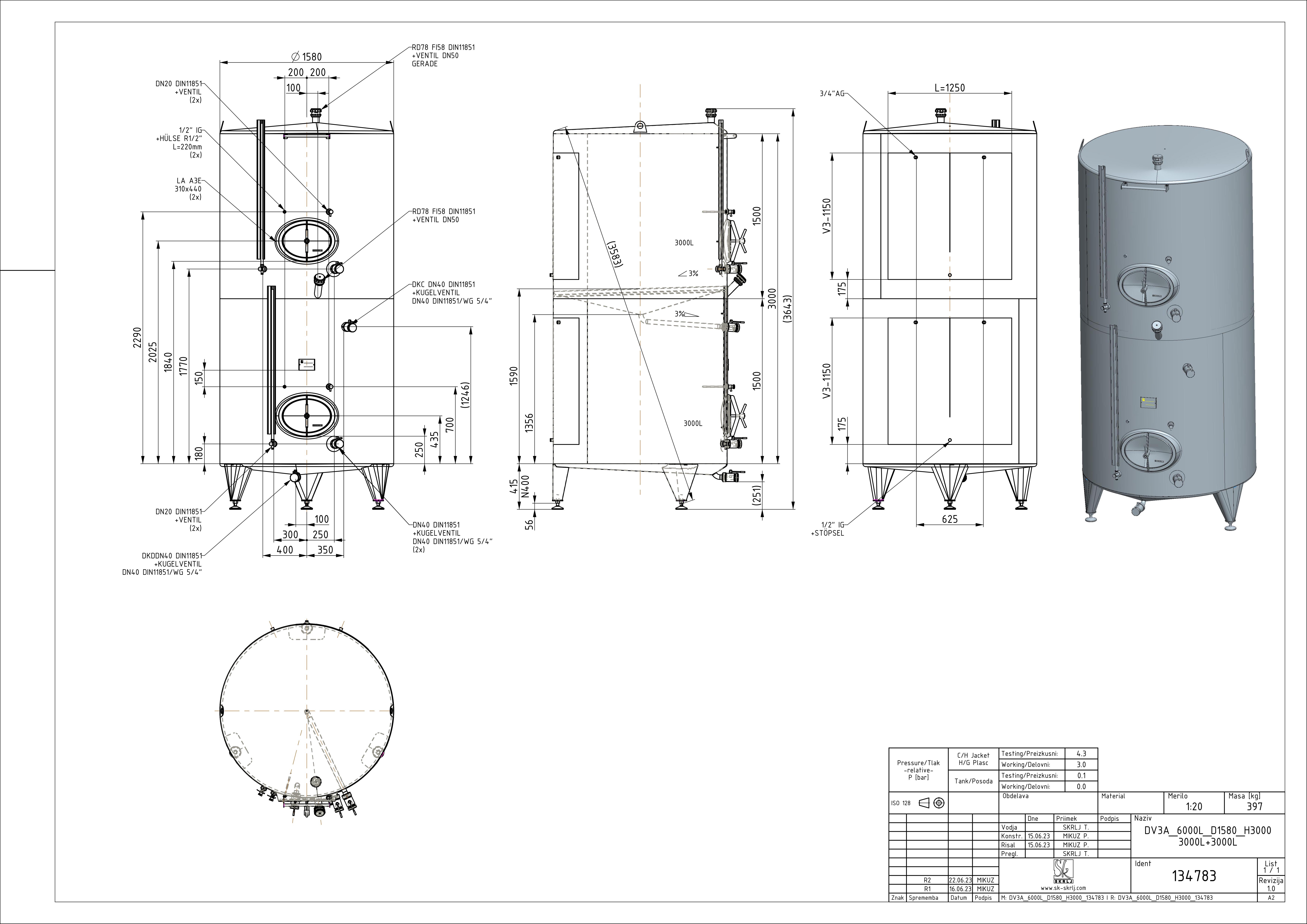 Storage tank with intermediate bottom and double jacket