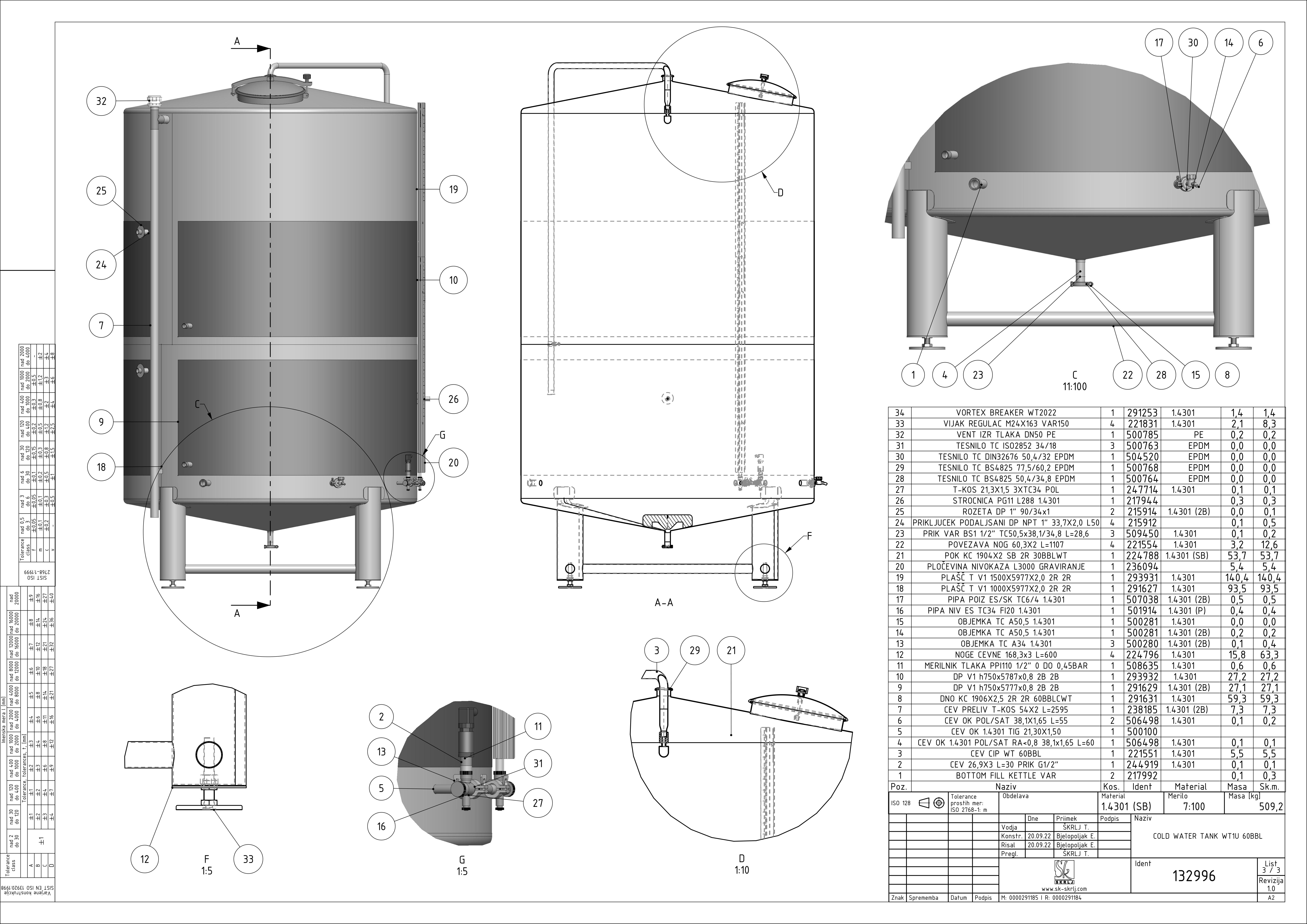 Cold water tank with double jacket