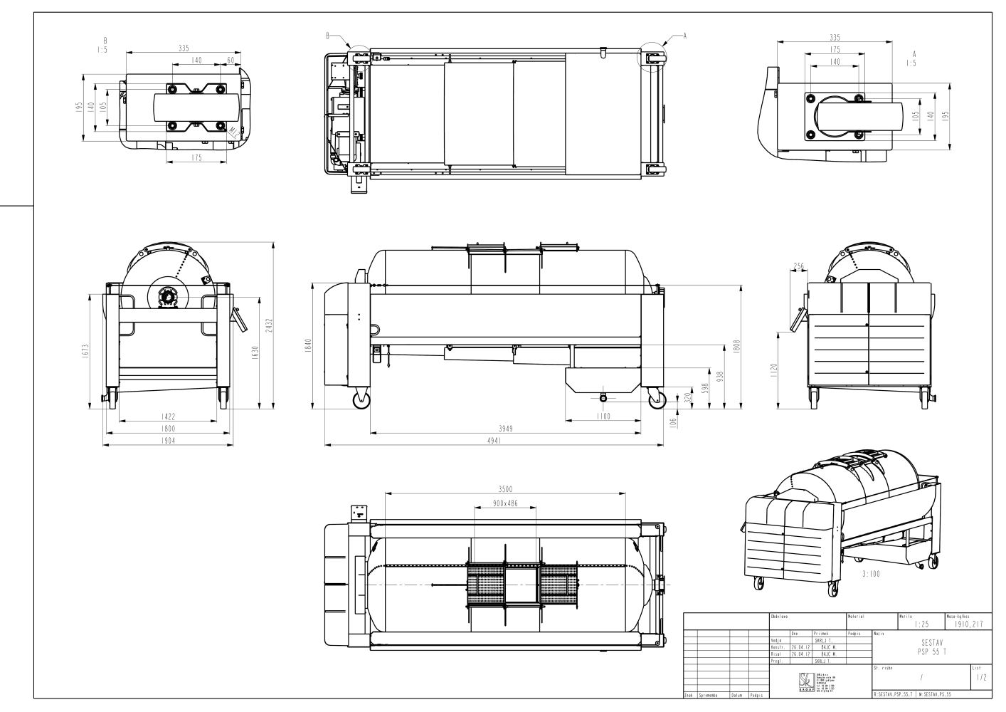 Pneumatic press type PSP - open pressing system, open drum with perforated surface