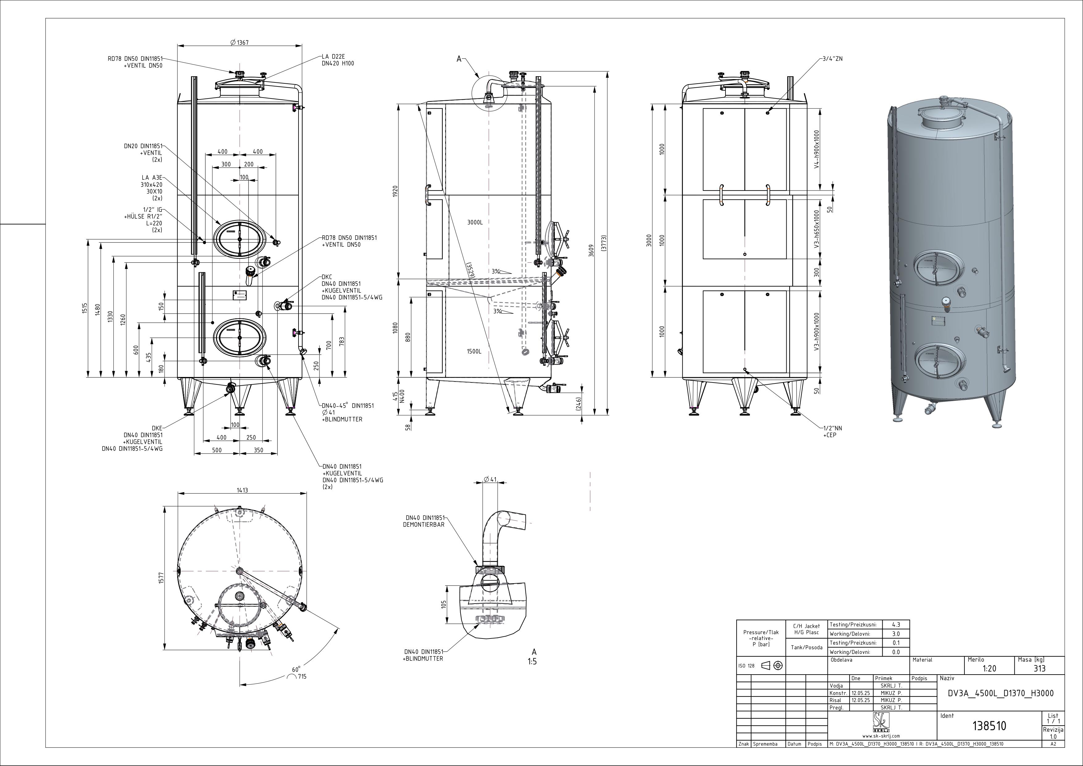 Storage tank with intermediate bottom and double jacket