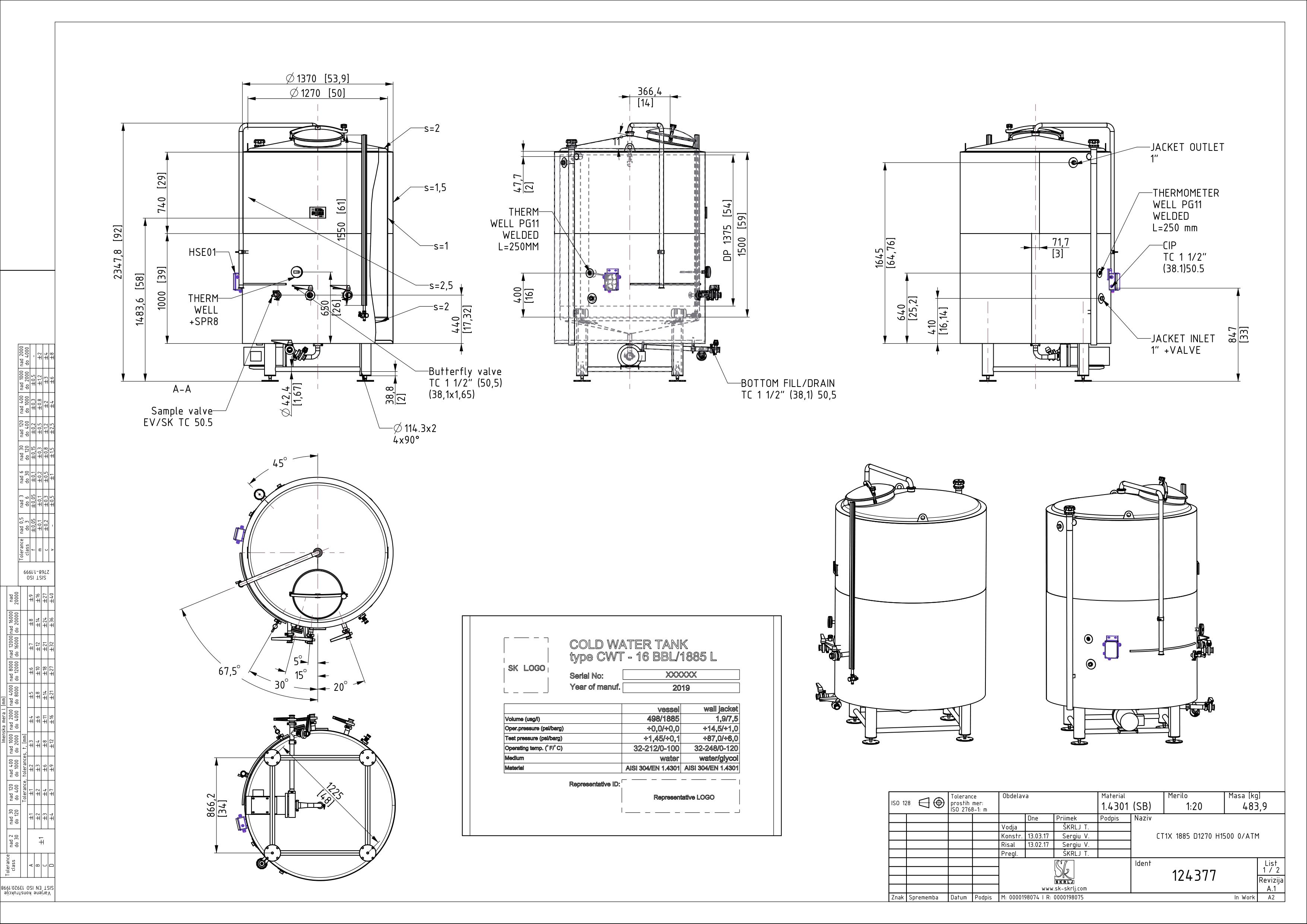 Cold water tank with double jacket