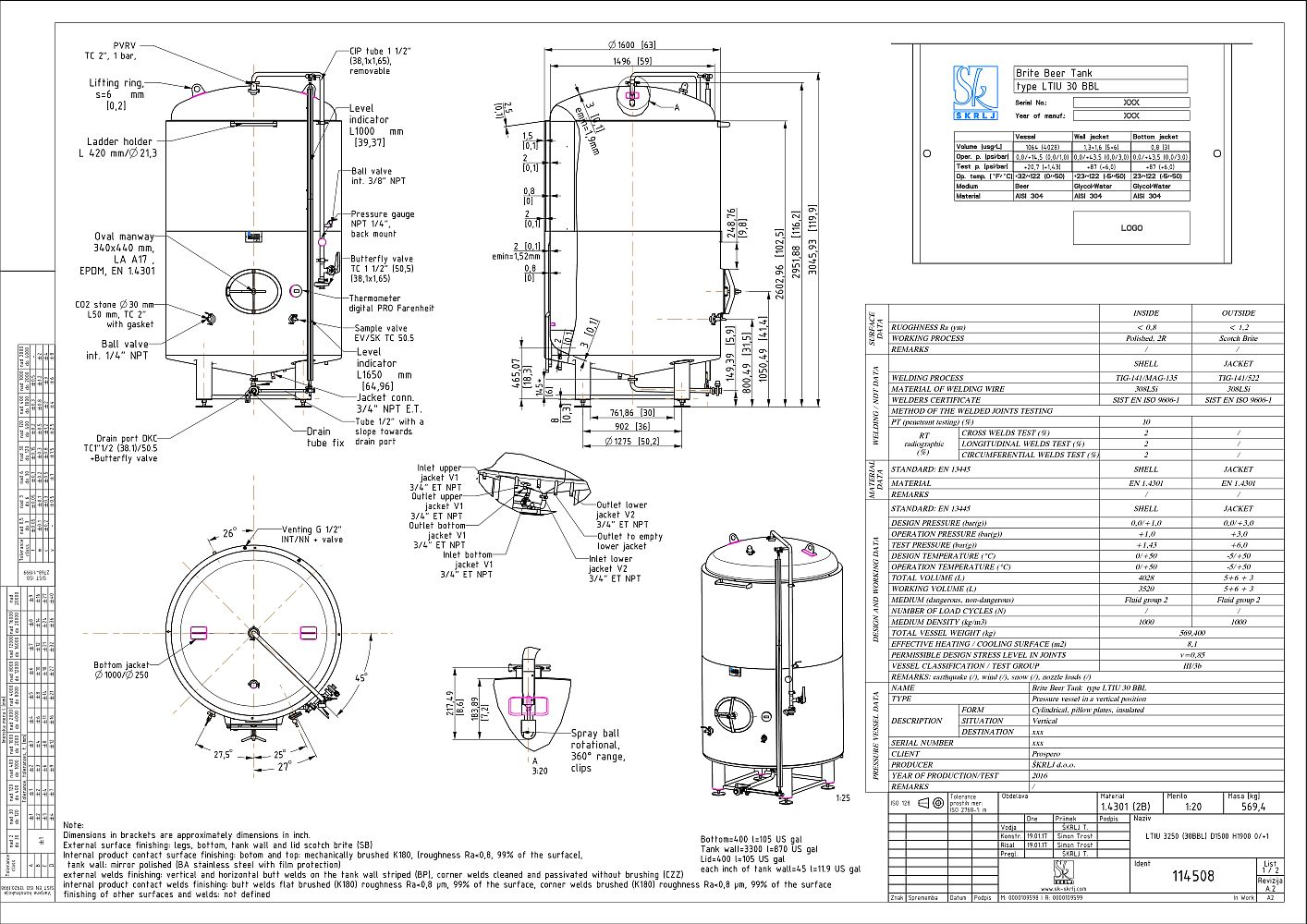 Brite beer tank, insulated