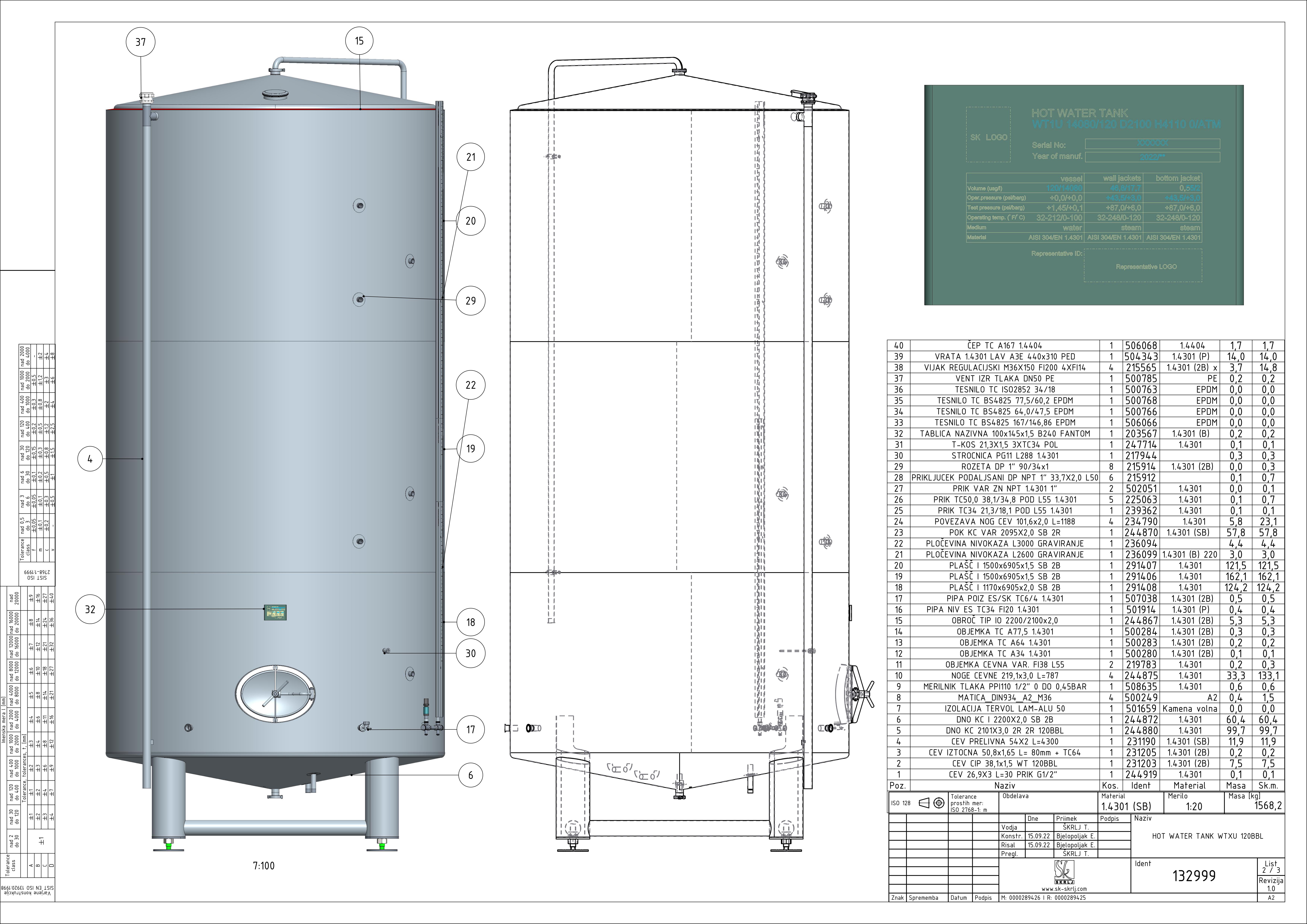Hot water tank with double jacket