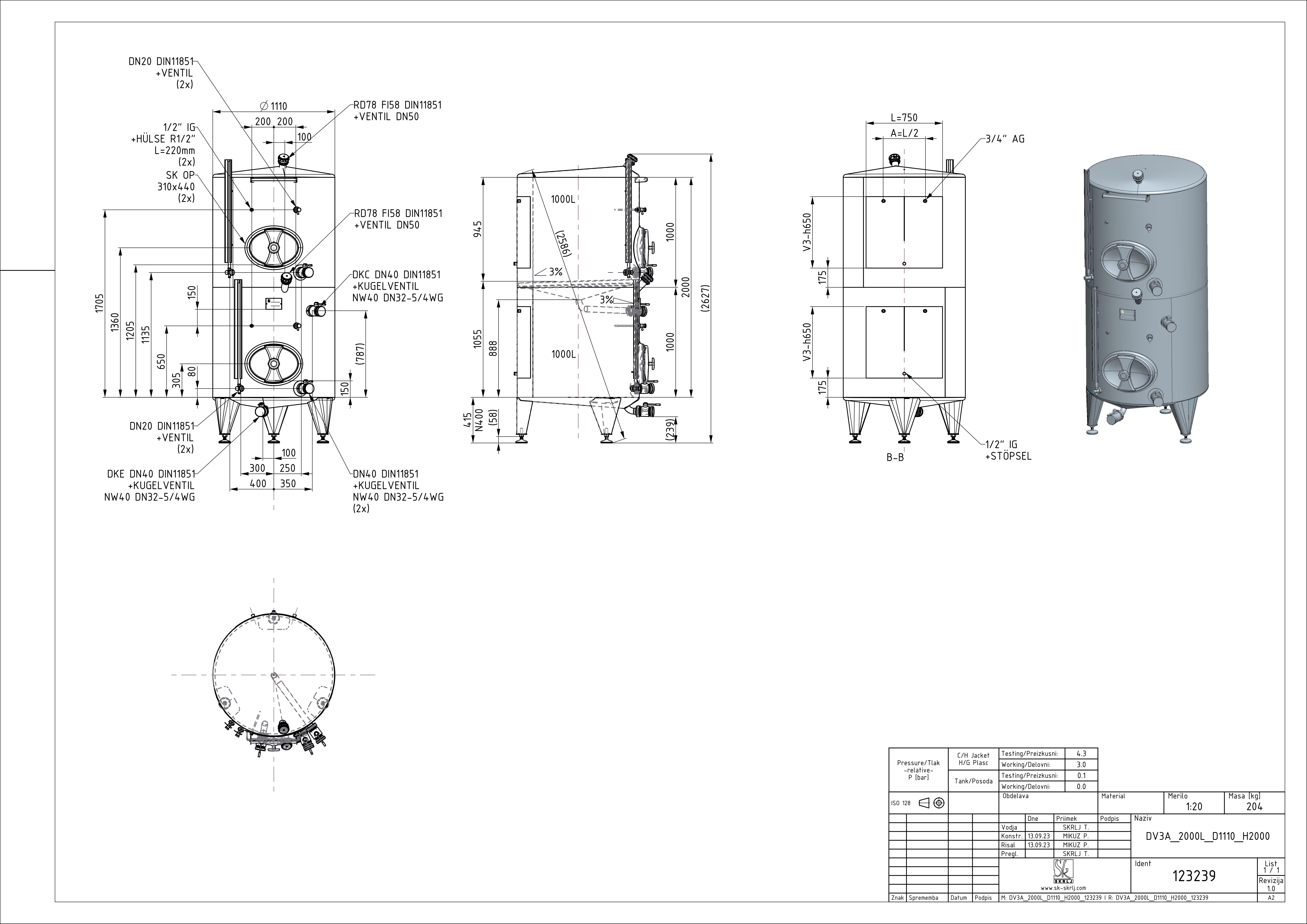 Storage tank with intermediate bottom and double jacket