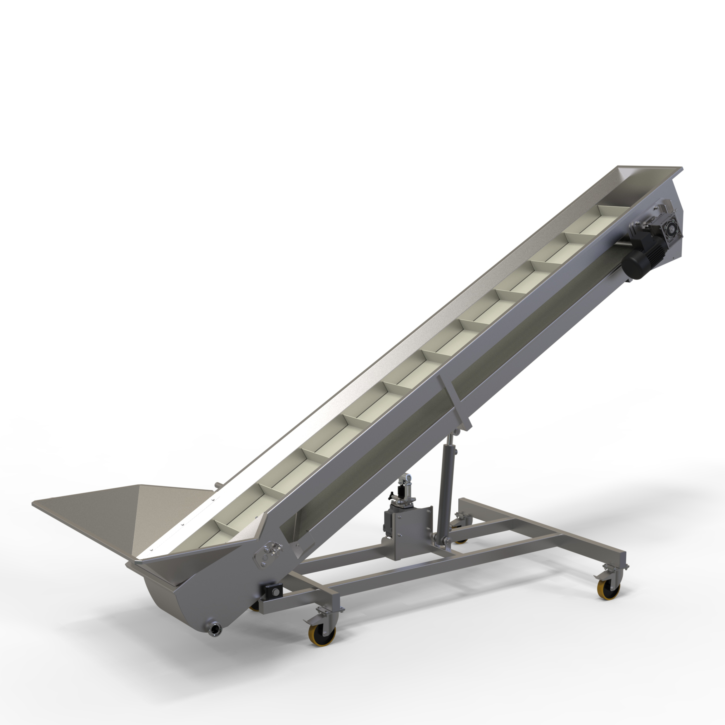 Nastro elevatore. Telaio autoportante in acciaio inox EN 1.4301 su ruote girevoli. Inclinazione regolabile del nastro. Nastro in PVC alimentare con listelli curvi. Sistema di tensionamento e rilascio (sblocco) rapido. Ugelli integrati per il risciacquo del nastro. Vaschetta recupero liquidi con scarico.