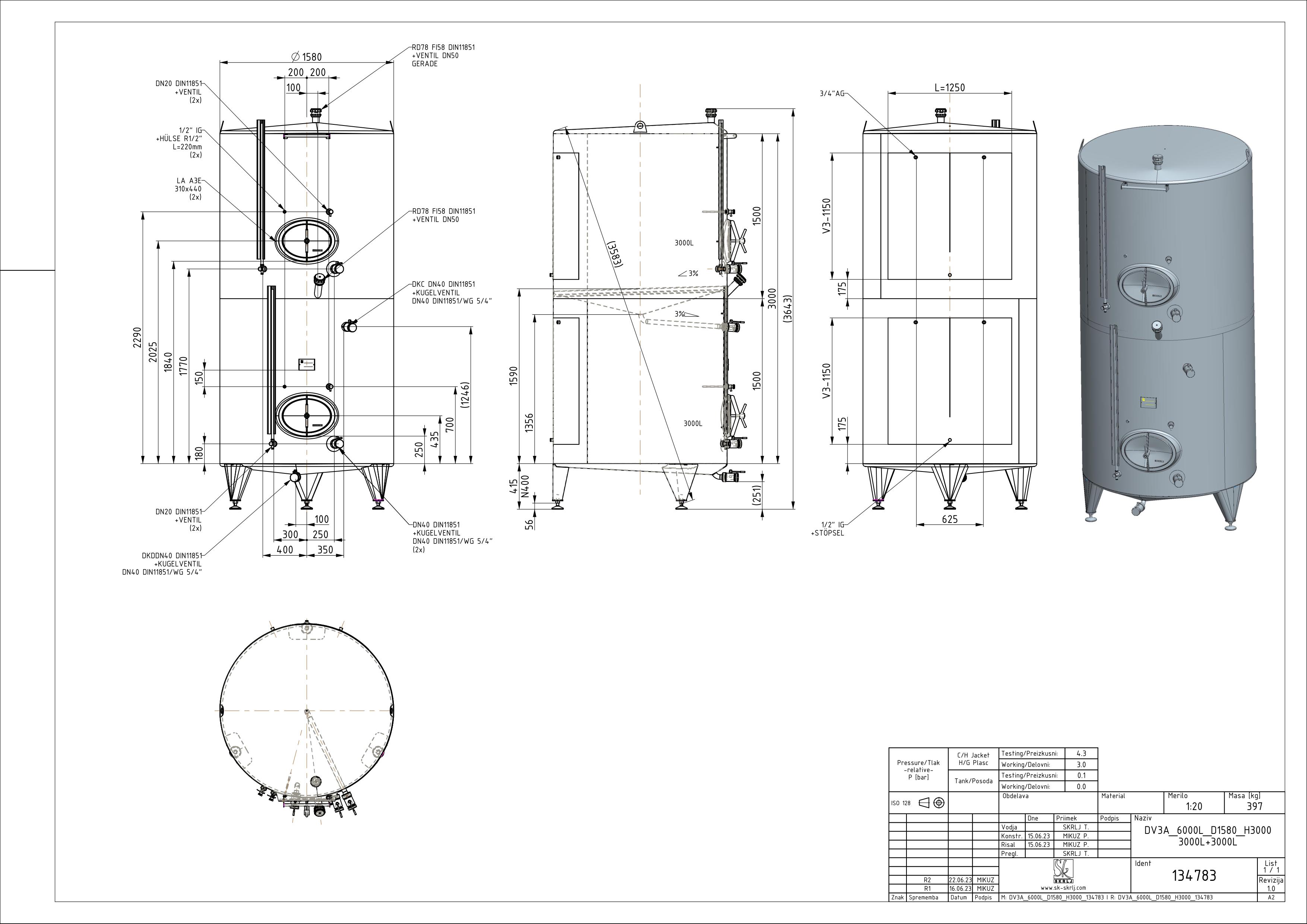 Storage tank with intermediate bottom and double jacket