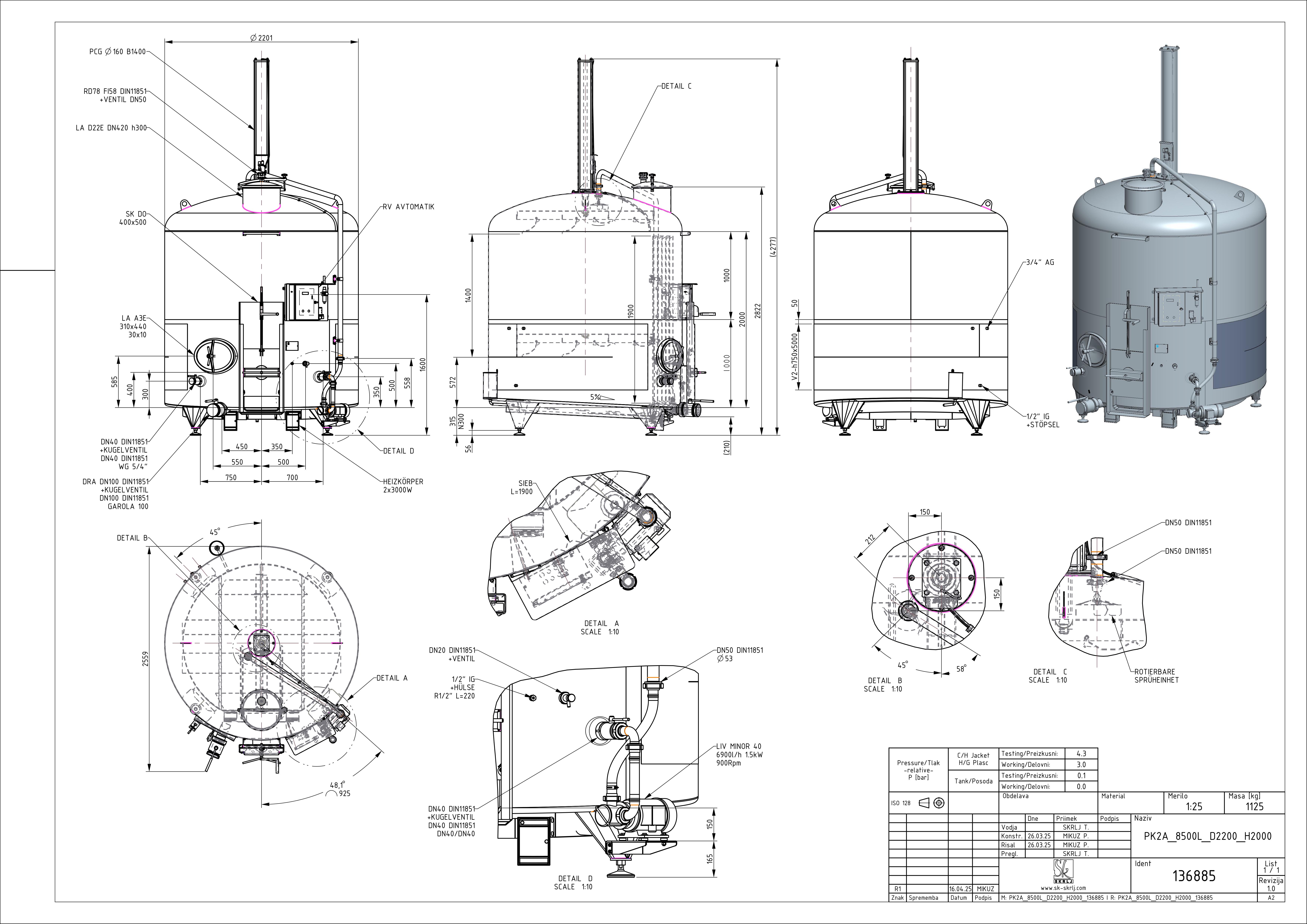 Punch-down fermenter with double jacket