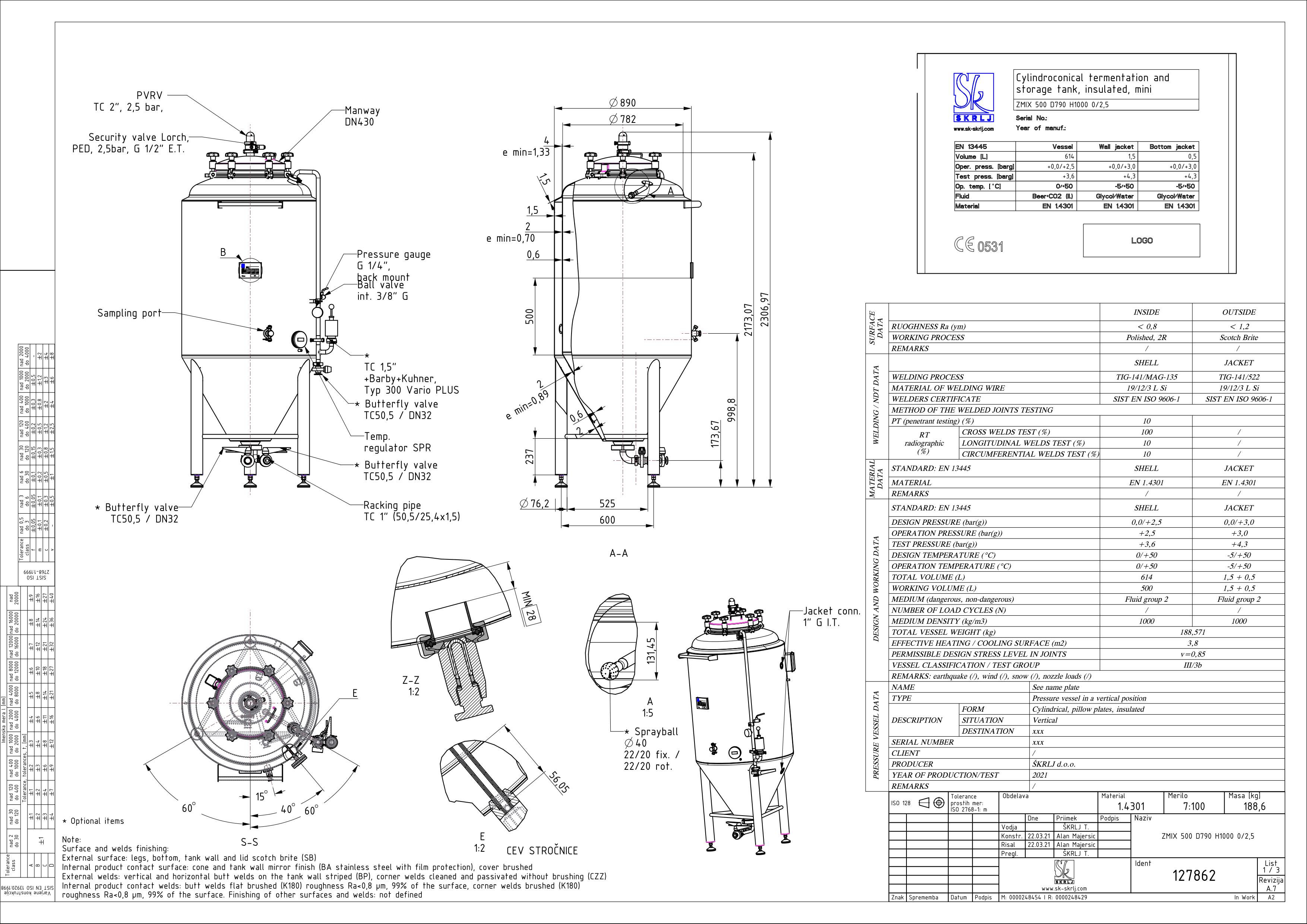 Cylindroconical fermentation and storage tank, insulated, mini