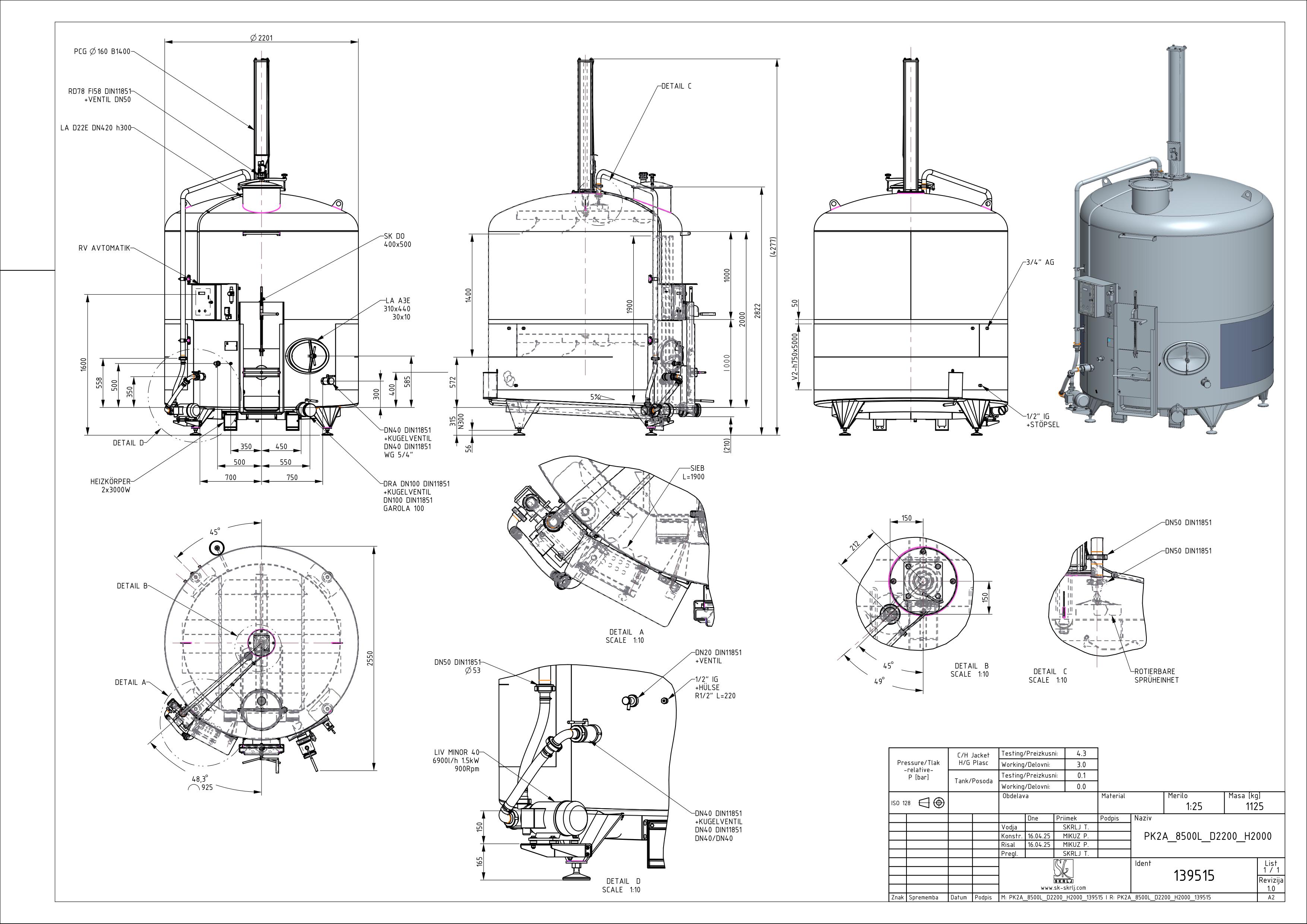 Punch-down fermenter with double jacket