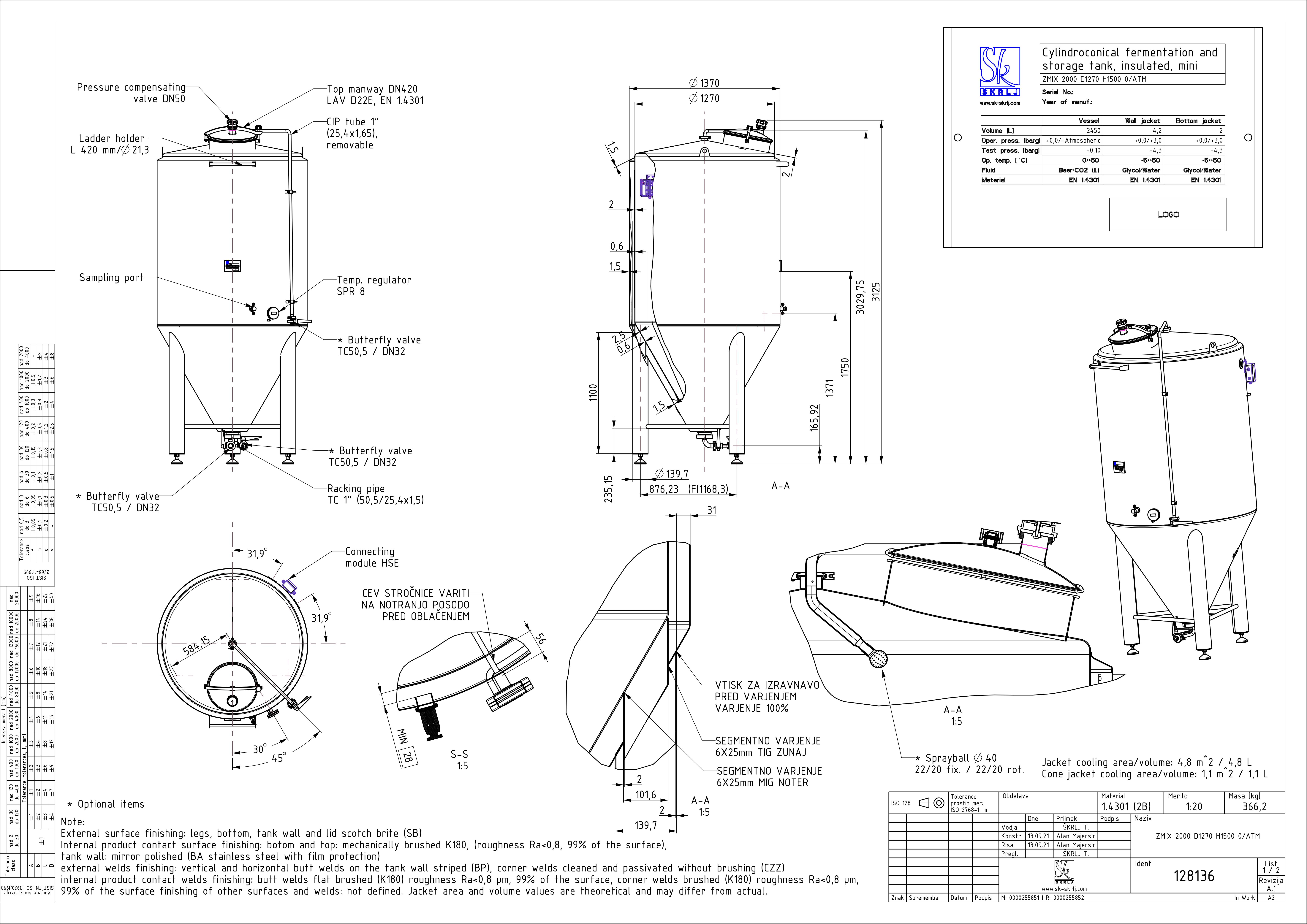 Cylindroconical fermentation and storage tank, insulated, mini