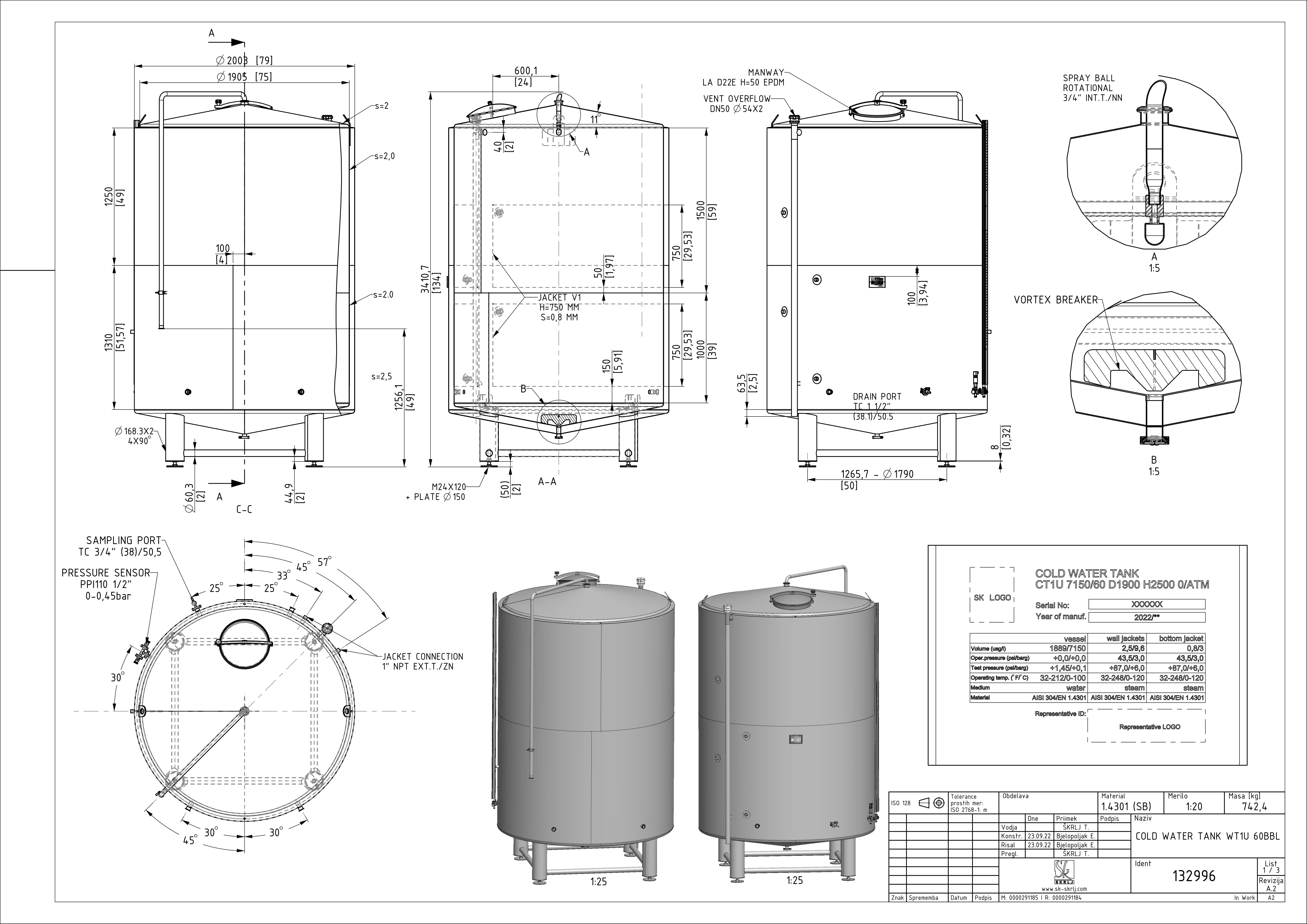 Cold water tank with double jacket