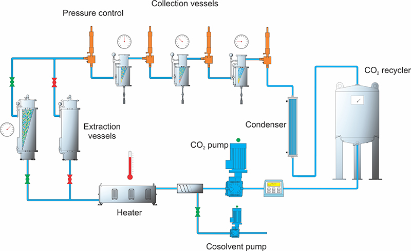 The MoSES 1.25 and 1.50 Production Series extractors are fully automated modular systems designed to perform CO2 extractions under subcritical or supercritical conditions, at pressures ranging from 1 to 350 bar and temperatures up to 85 °C, at a functional CO2 flow rate up to 200 kg/h.