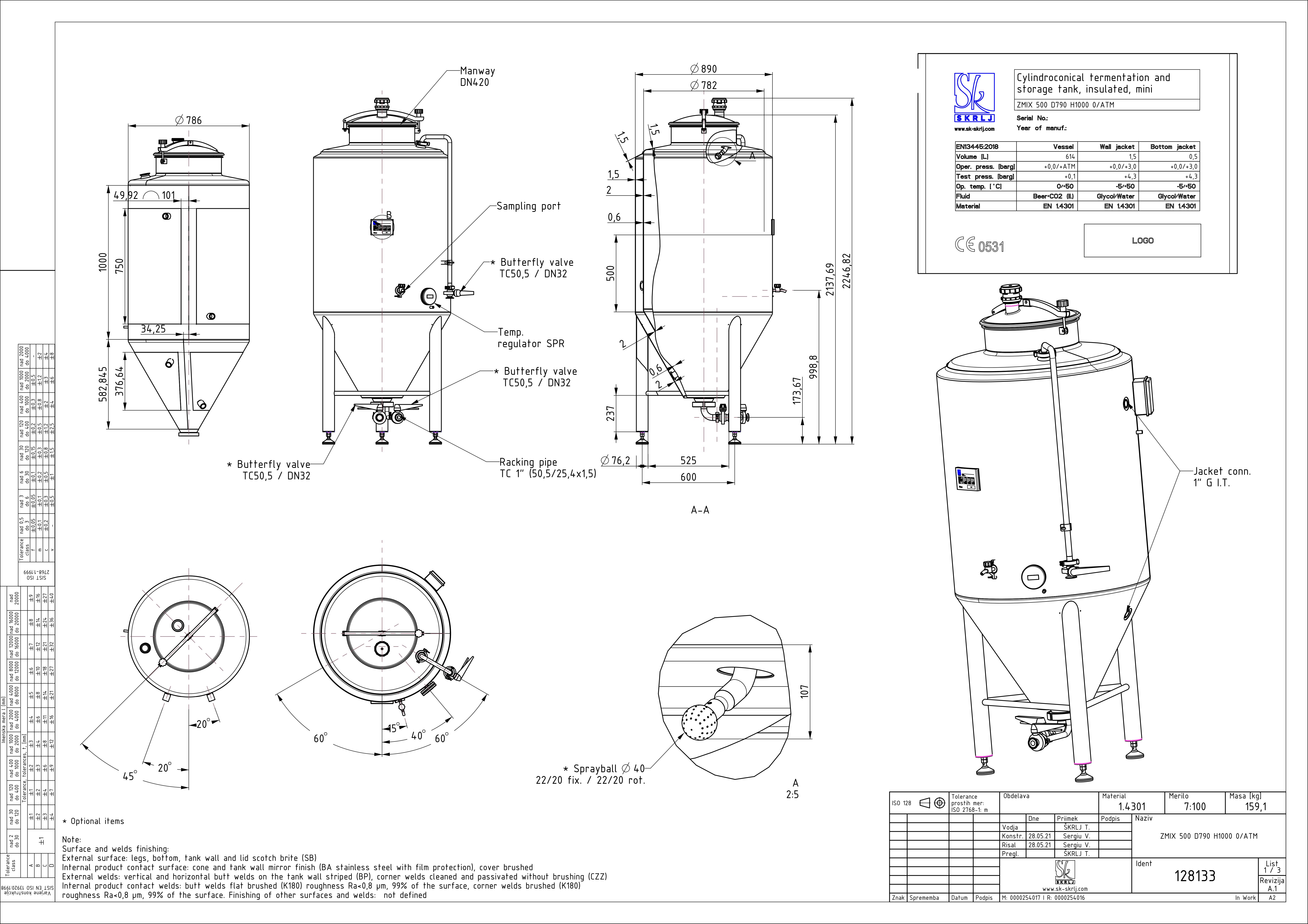 Cylindroconical fermentation and storage tank, insulated, mini