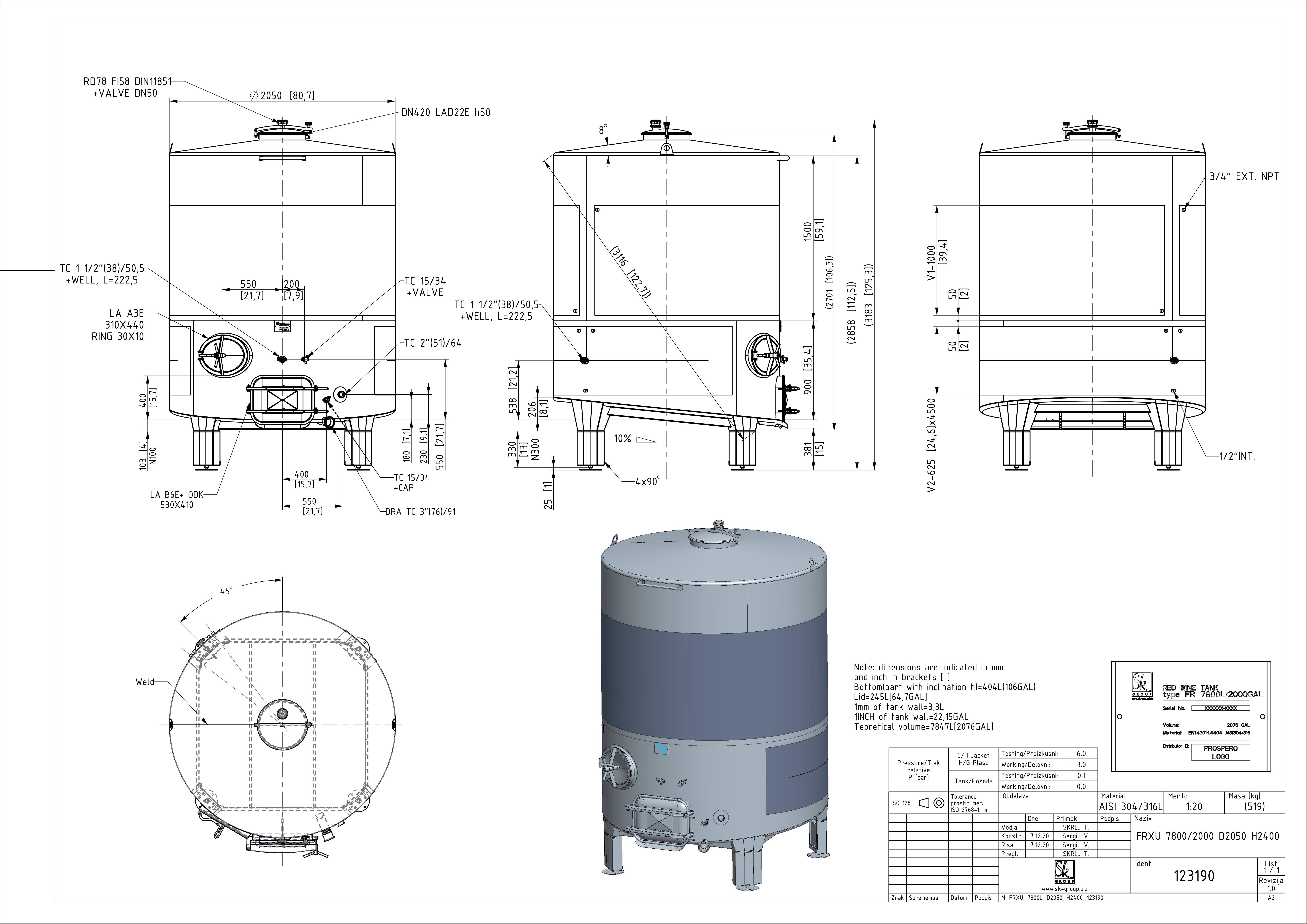 Fixed capacity red wine tank
