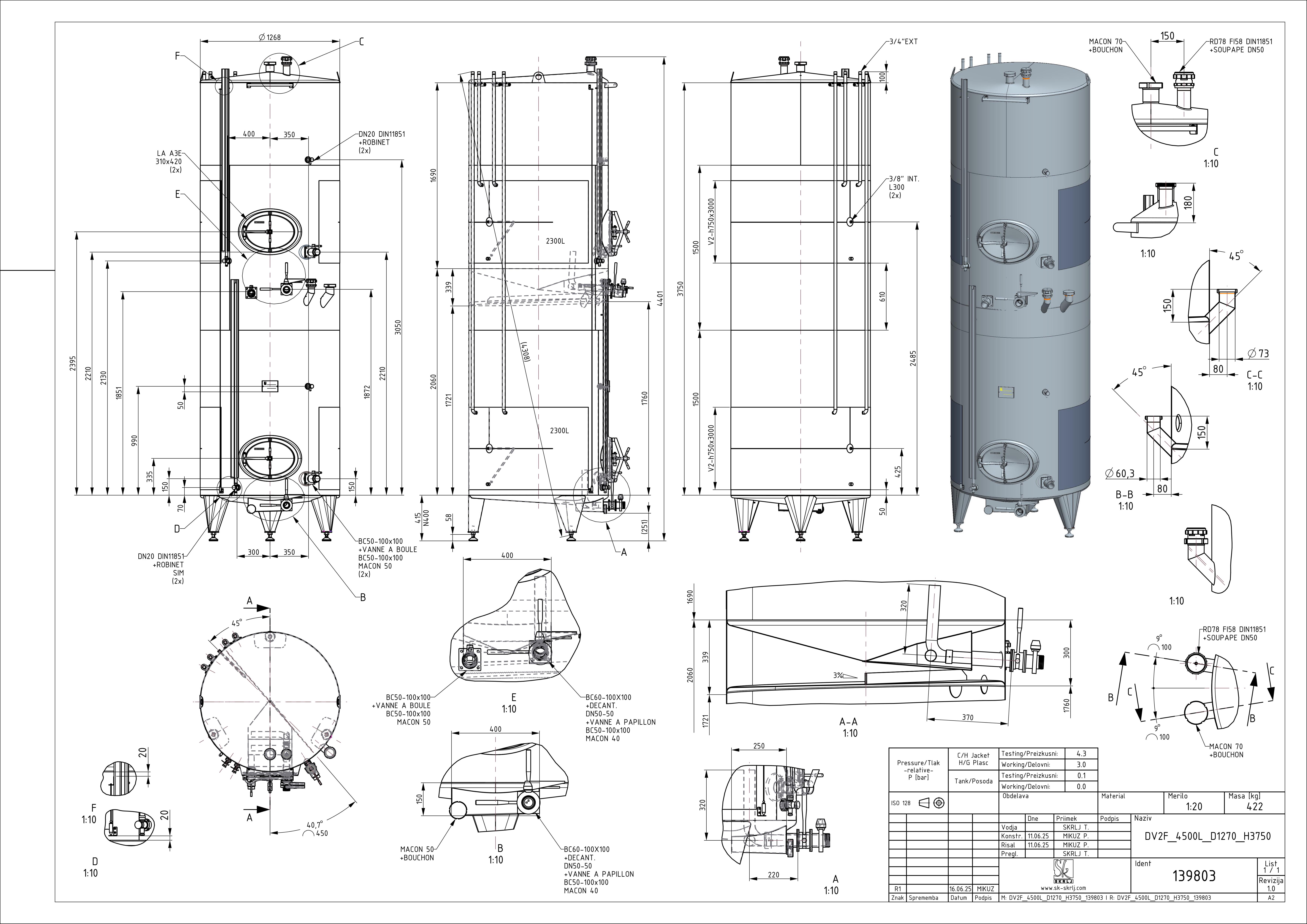 Storage tank with intermediate bottom and double jacket
