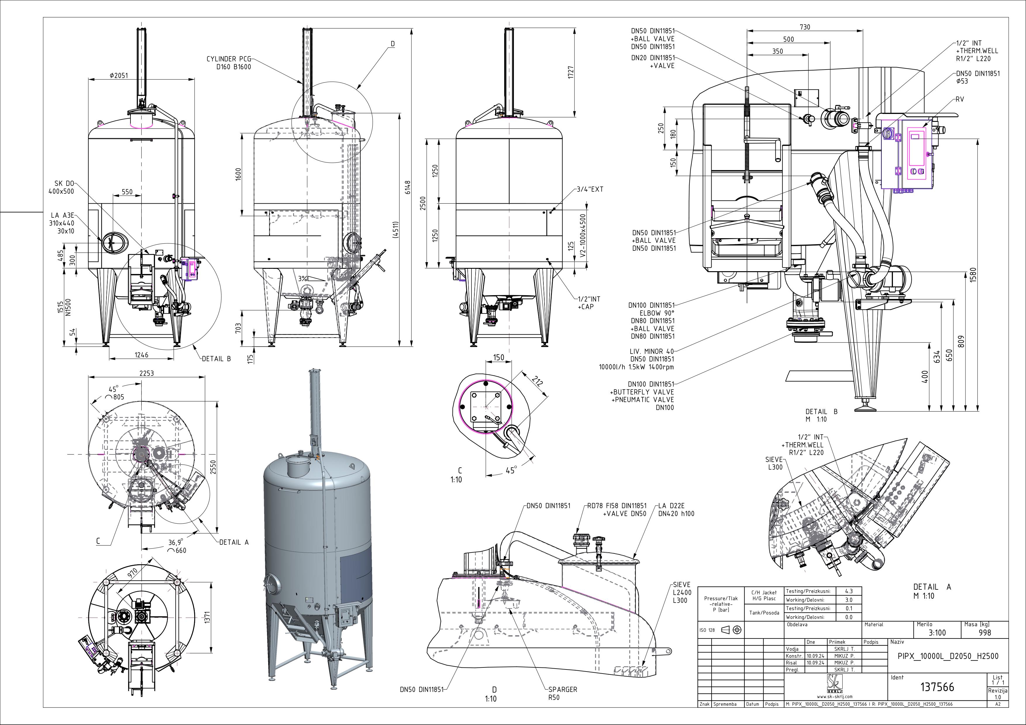 Punch-down fermenter with pip removal system