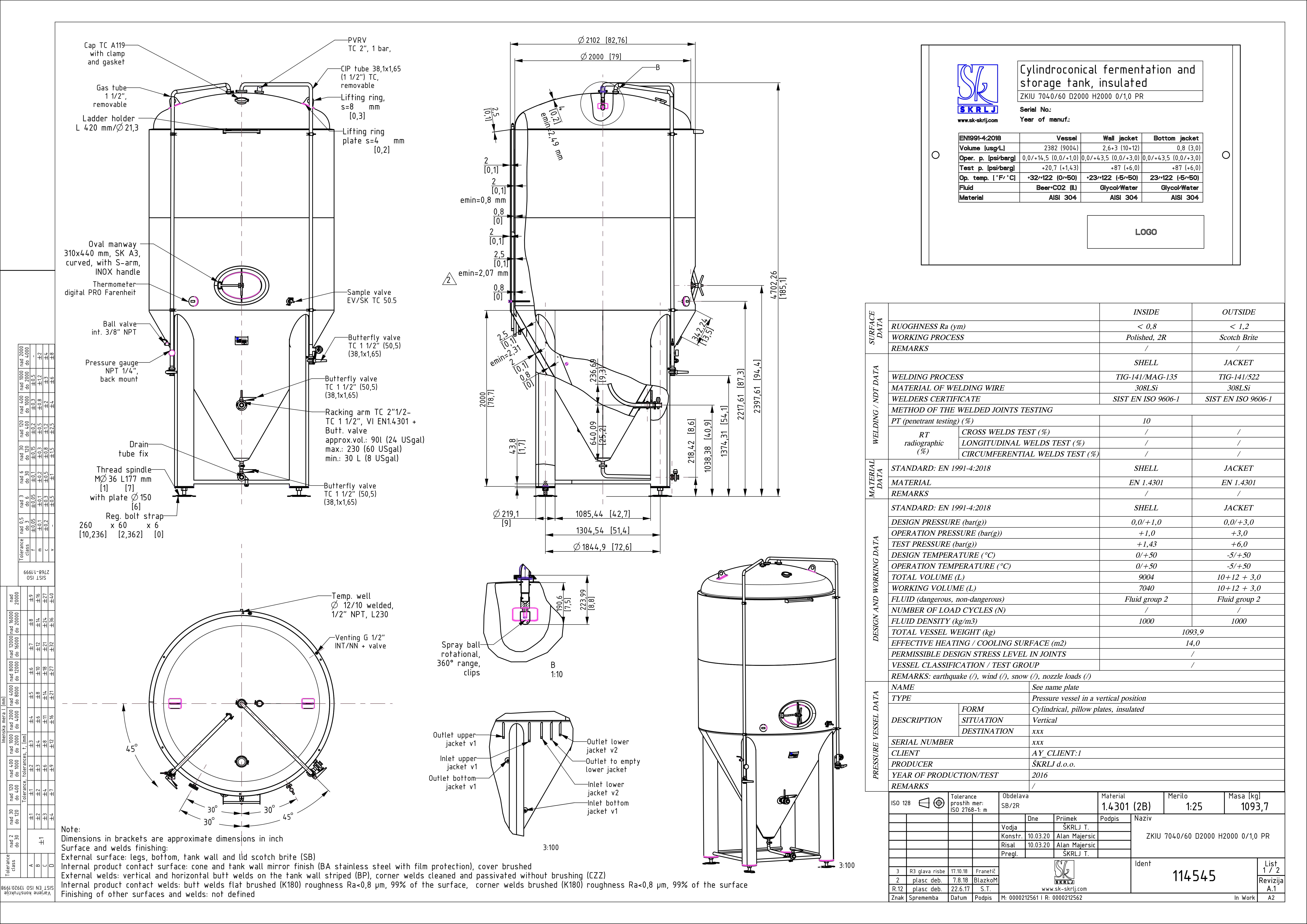 Cylindroconical fermentation and storage tank, insulated