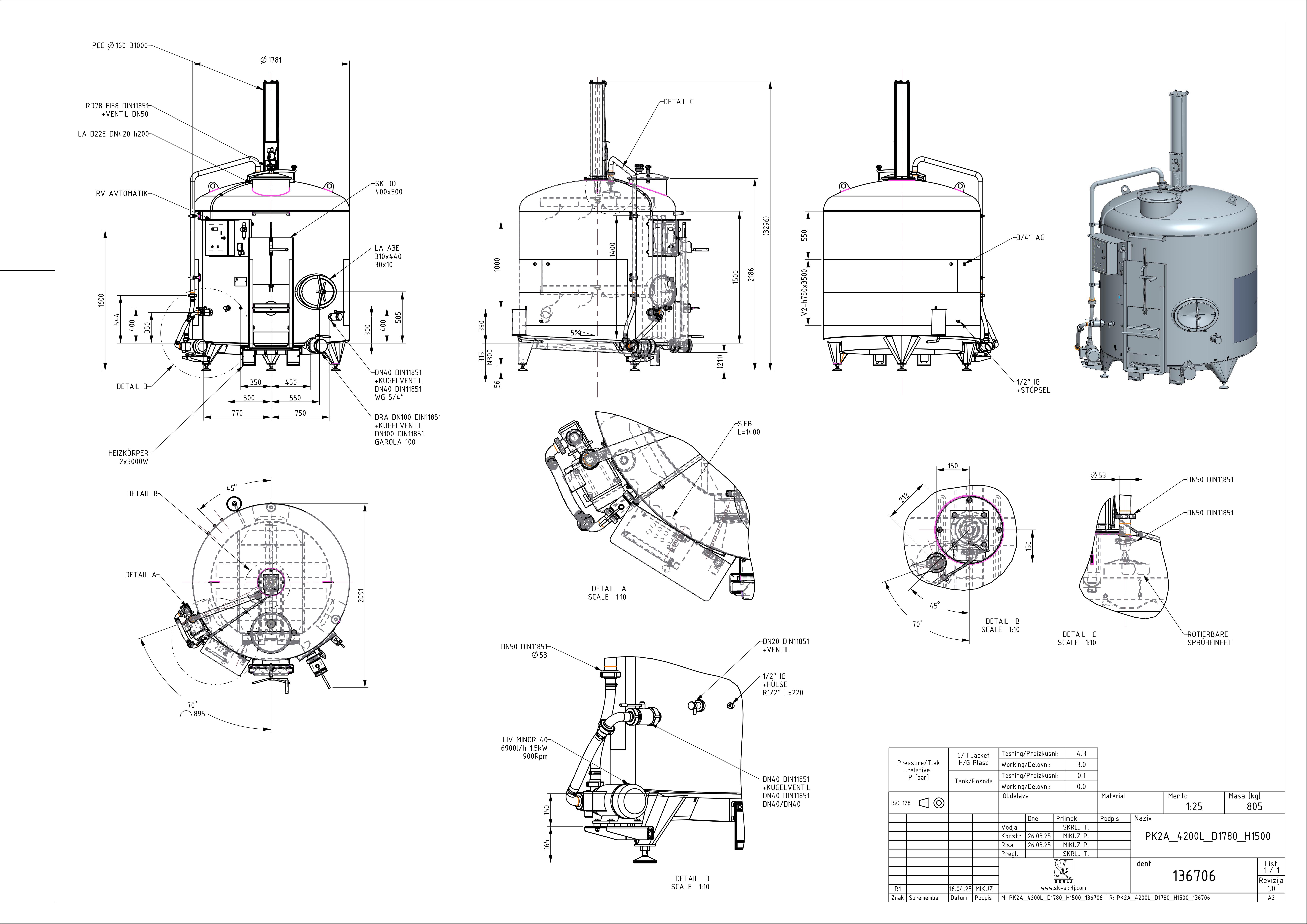 Punch-down fermenter with double jacket
