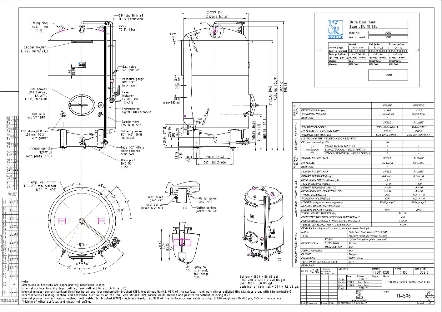 Brite beer tank, insulated