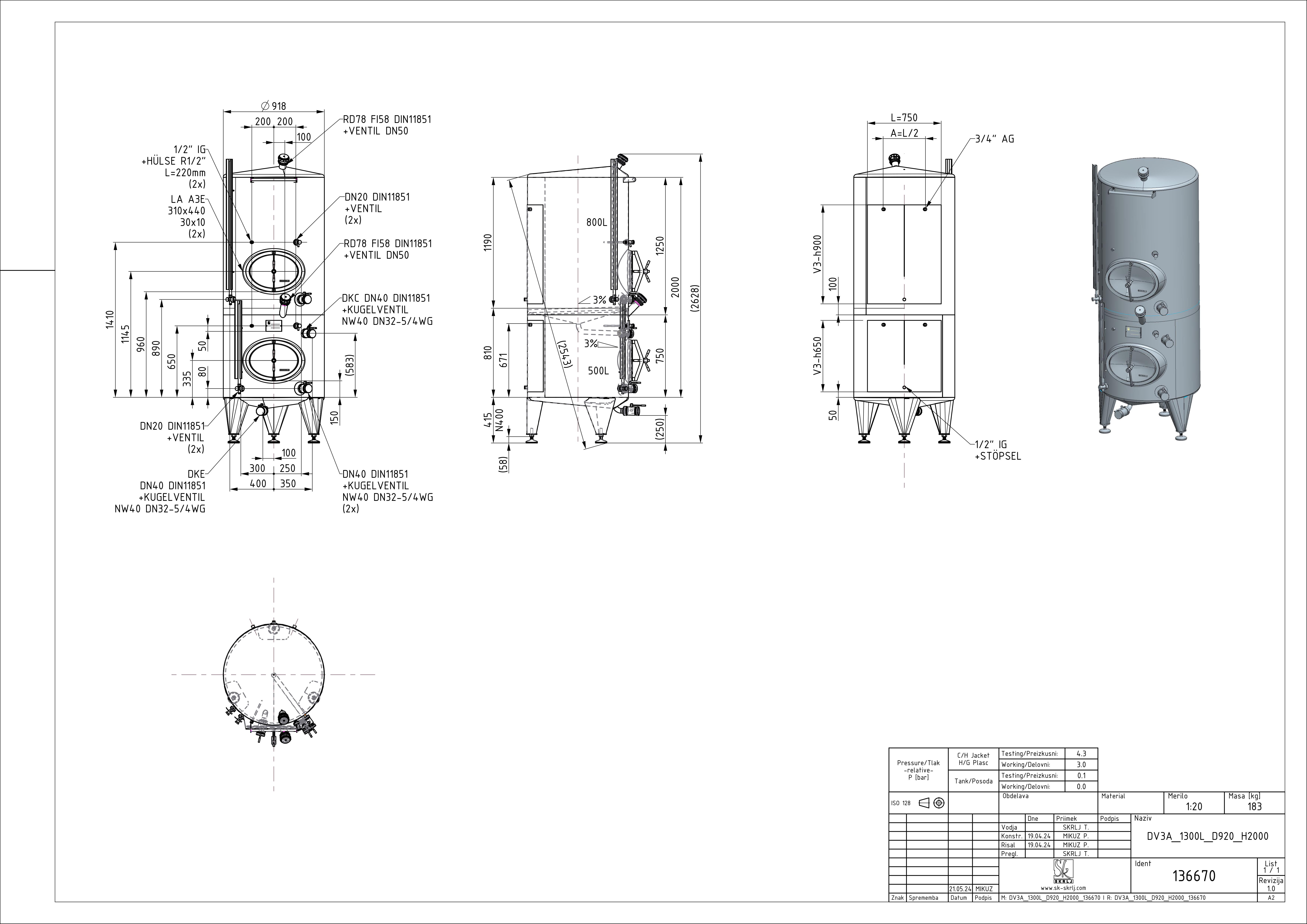 Storage tank with intermediate bottom and double jacket