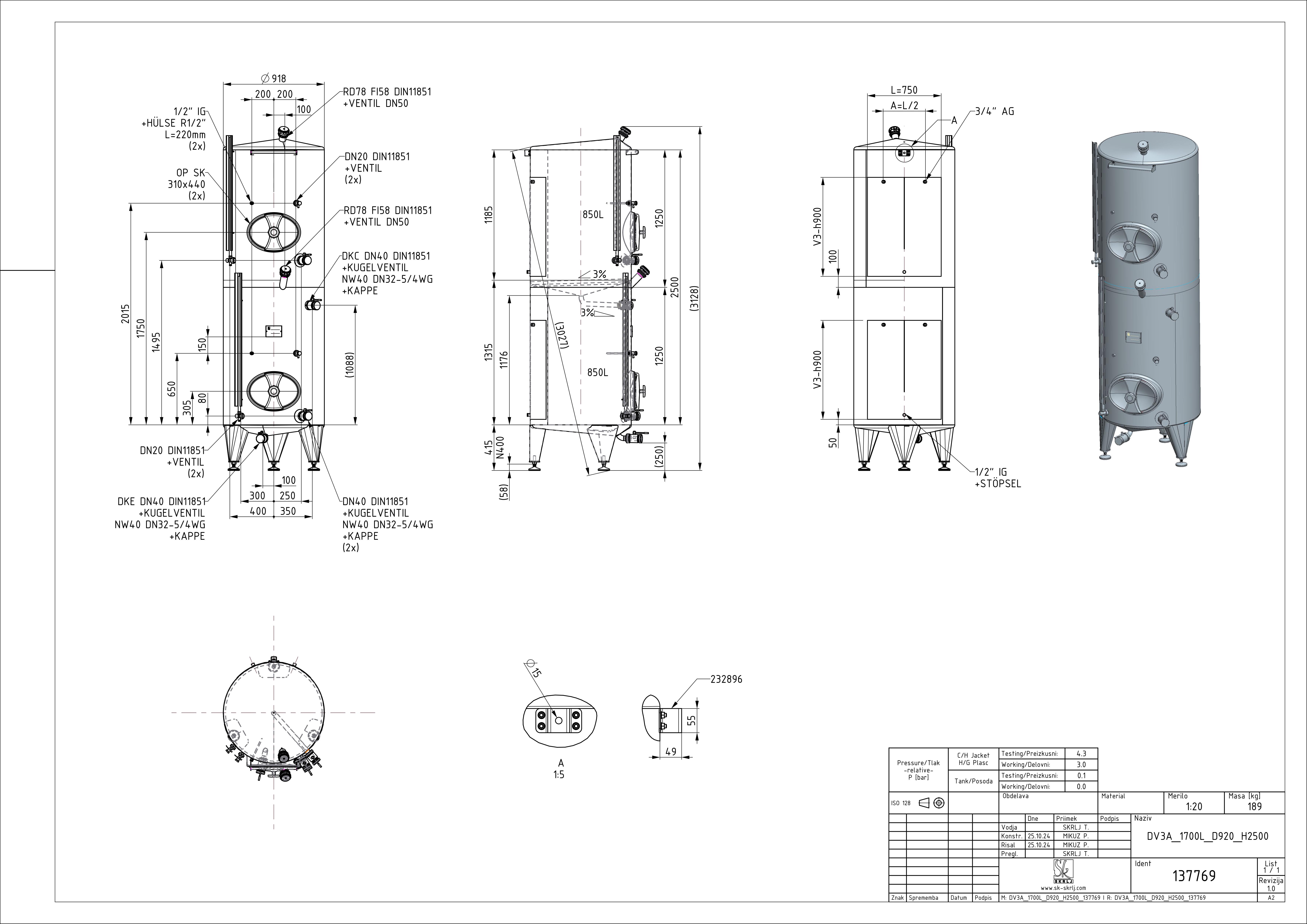 Storage tank with intermediate bottom and double jacket
