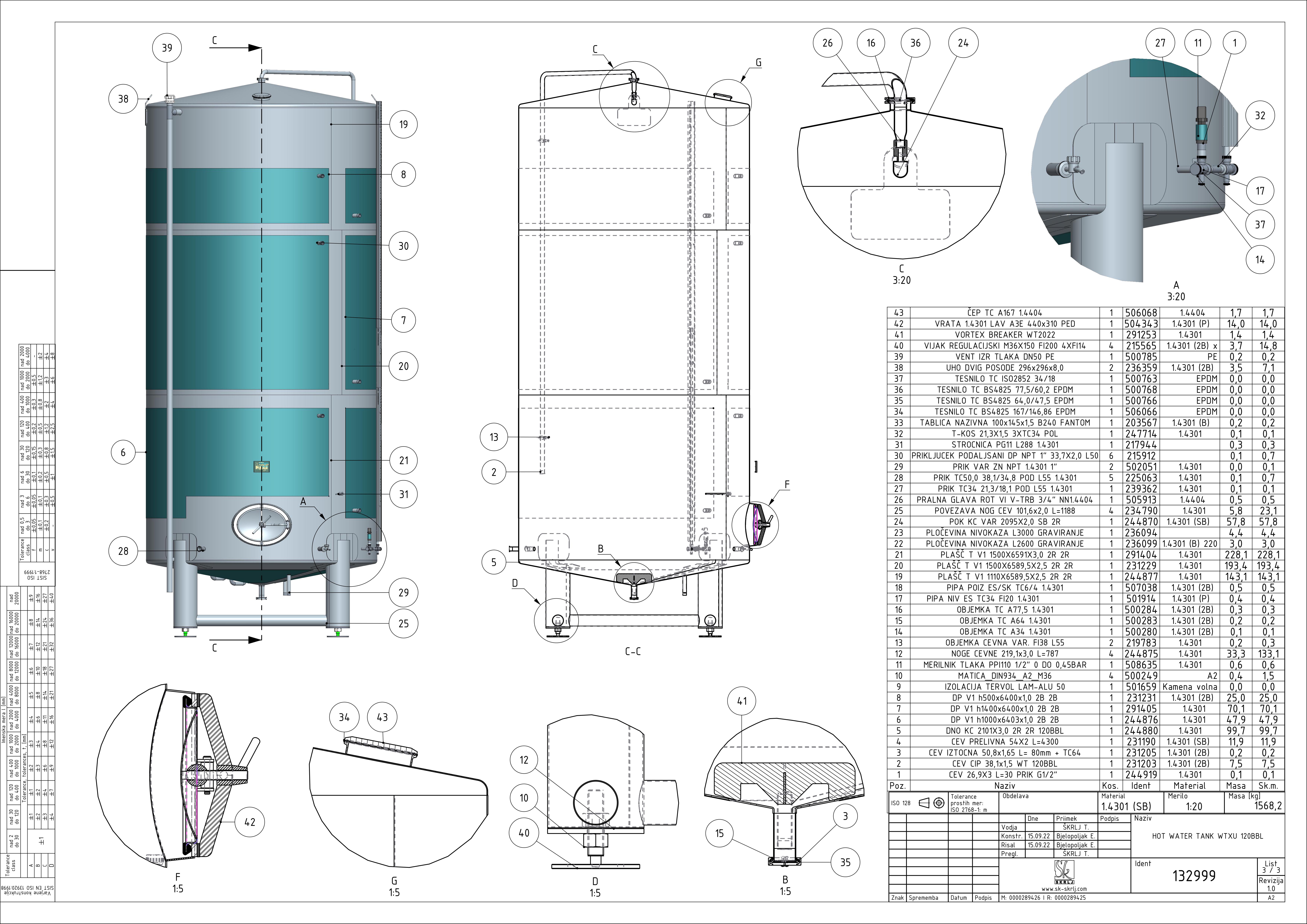 Hot water tank with double jacket