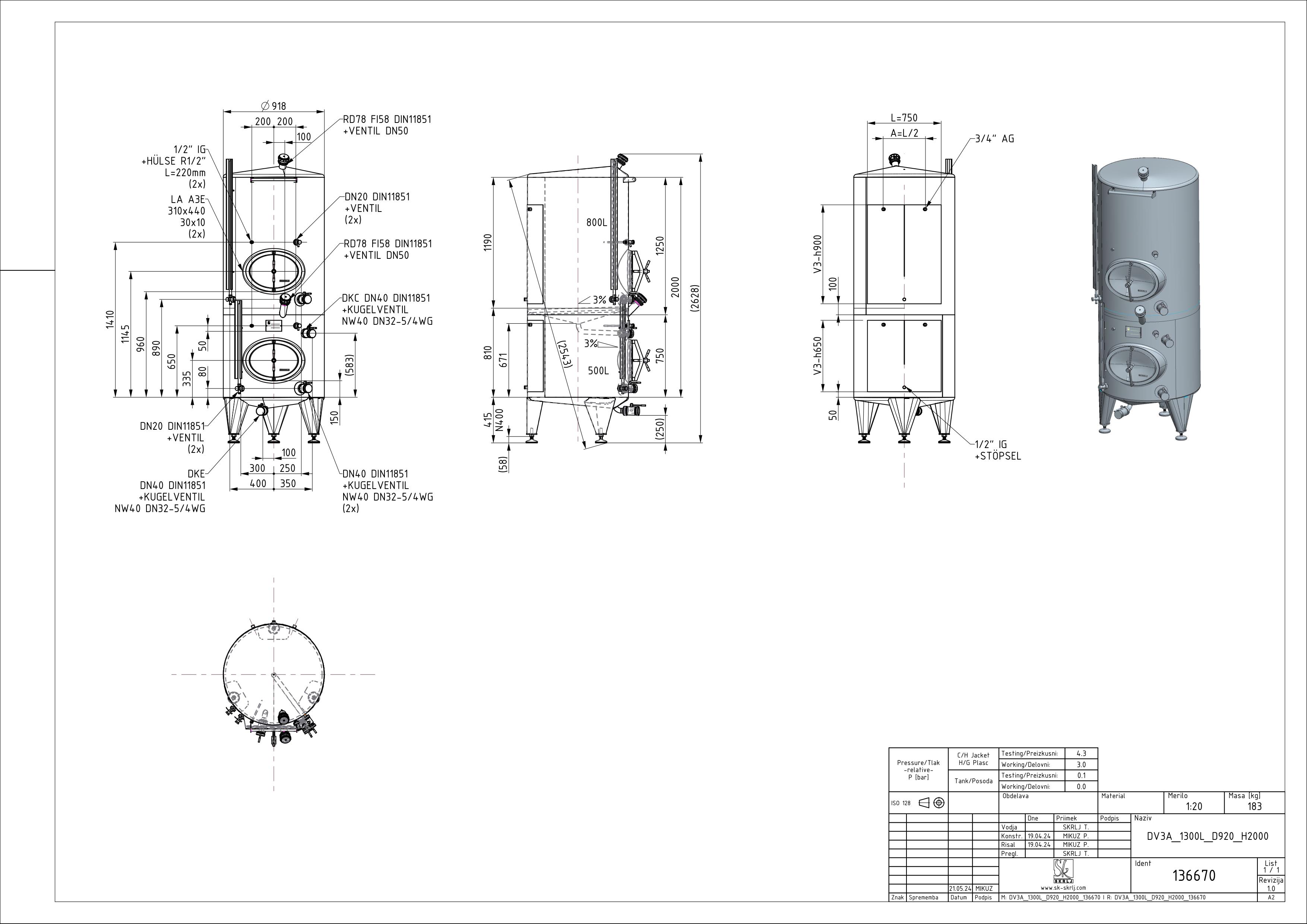 Storage tank with intermediate bottom and double jacket